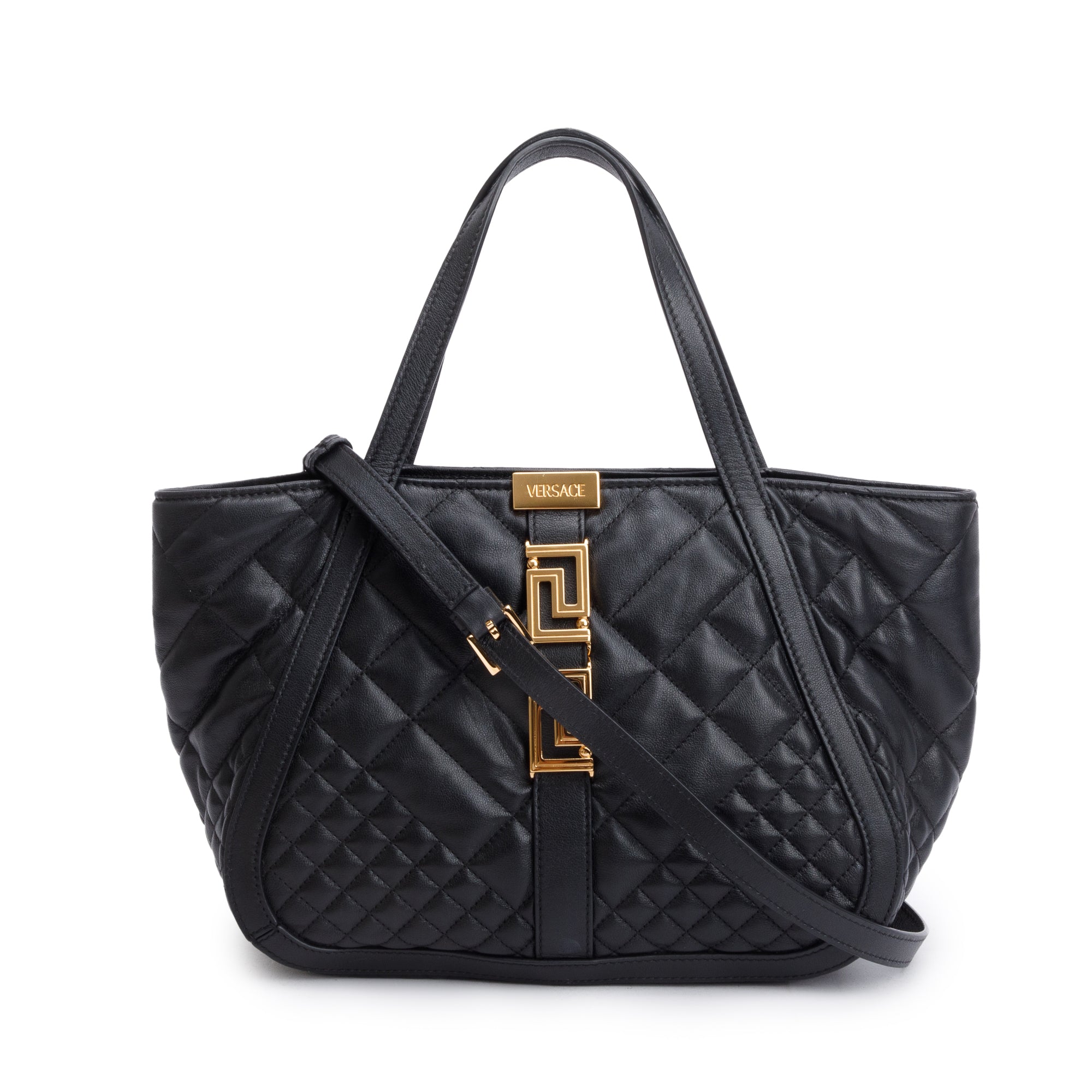 Versace Black Quilted Calfskin Leather Small Greca Tote Bag w/ Strap