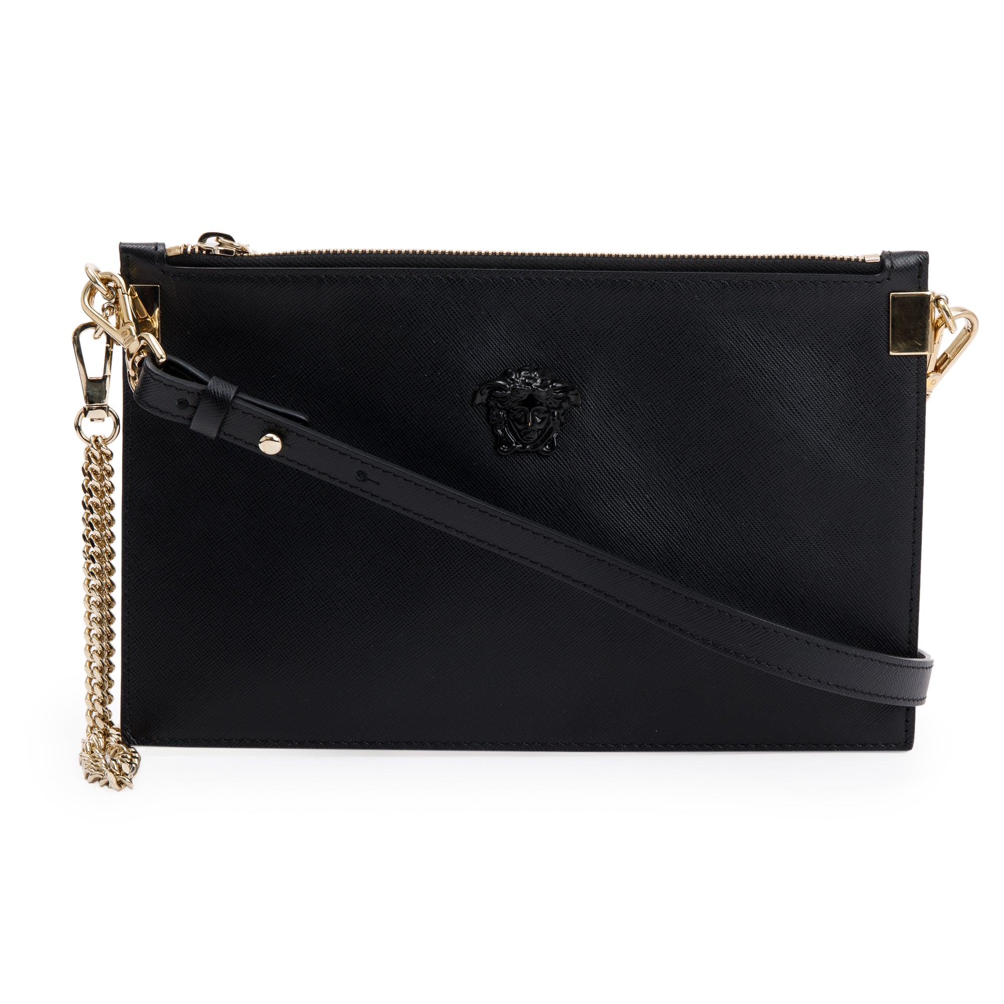 Versace Black Vitello Saffiano Tribute Icon Flat Crossbody Bag