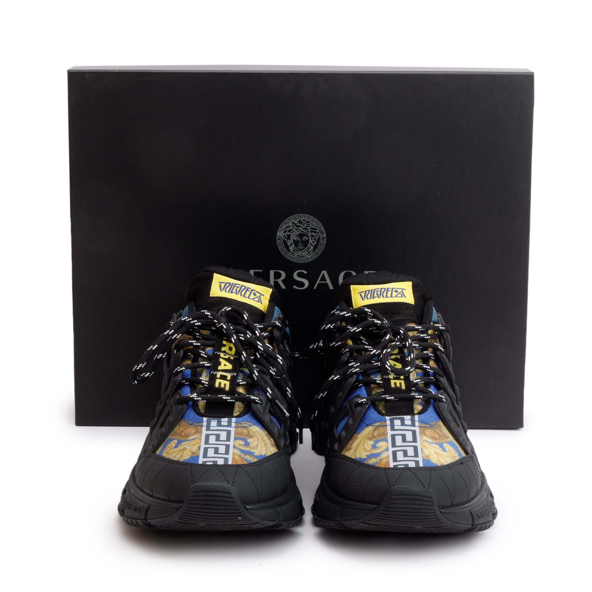 Versace Black/Multicolor Leather Nylon Trigreca Medusa Renaissance Sneakers, Size 45 w/ Box & Authenticity Card