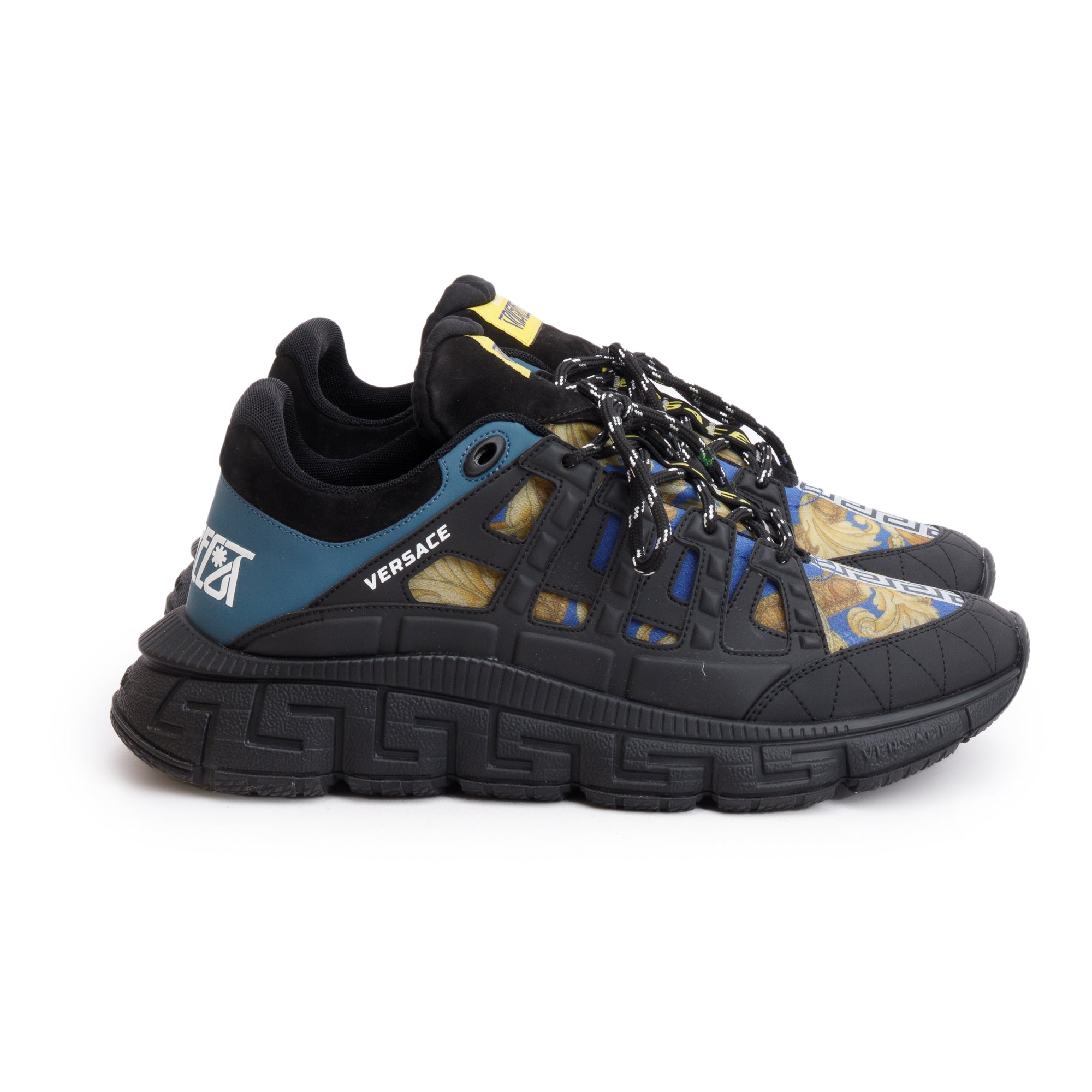Versace Black/Multicolor Leather Nylon Trigreca Medusa Renaissance Sneakers, Size 45 w/ Box & Authenticity Card
