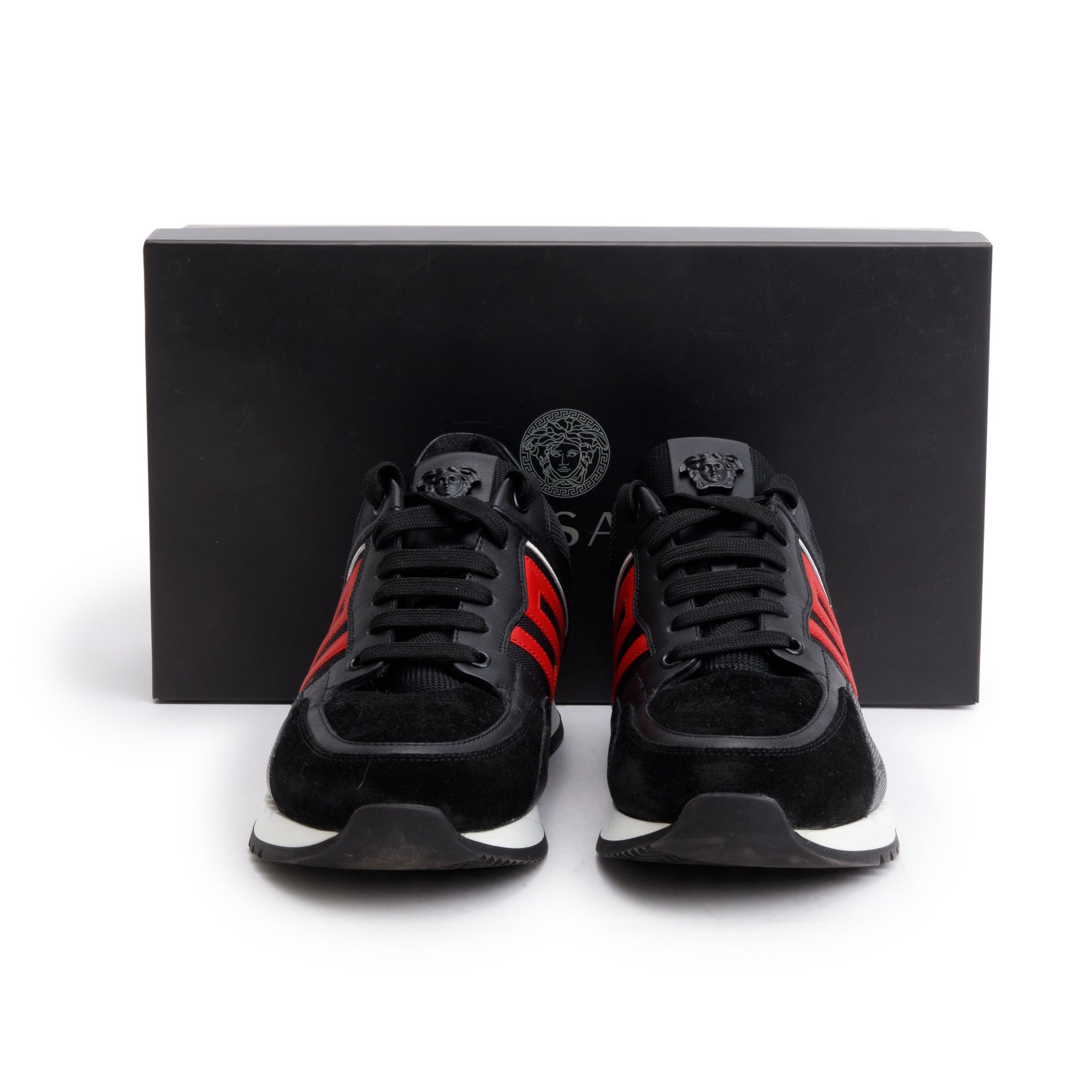 Versace Black/Red Leather Suede Greek Key Sneakers, Size 42 w/ Box