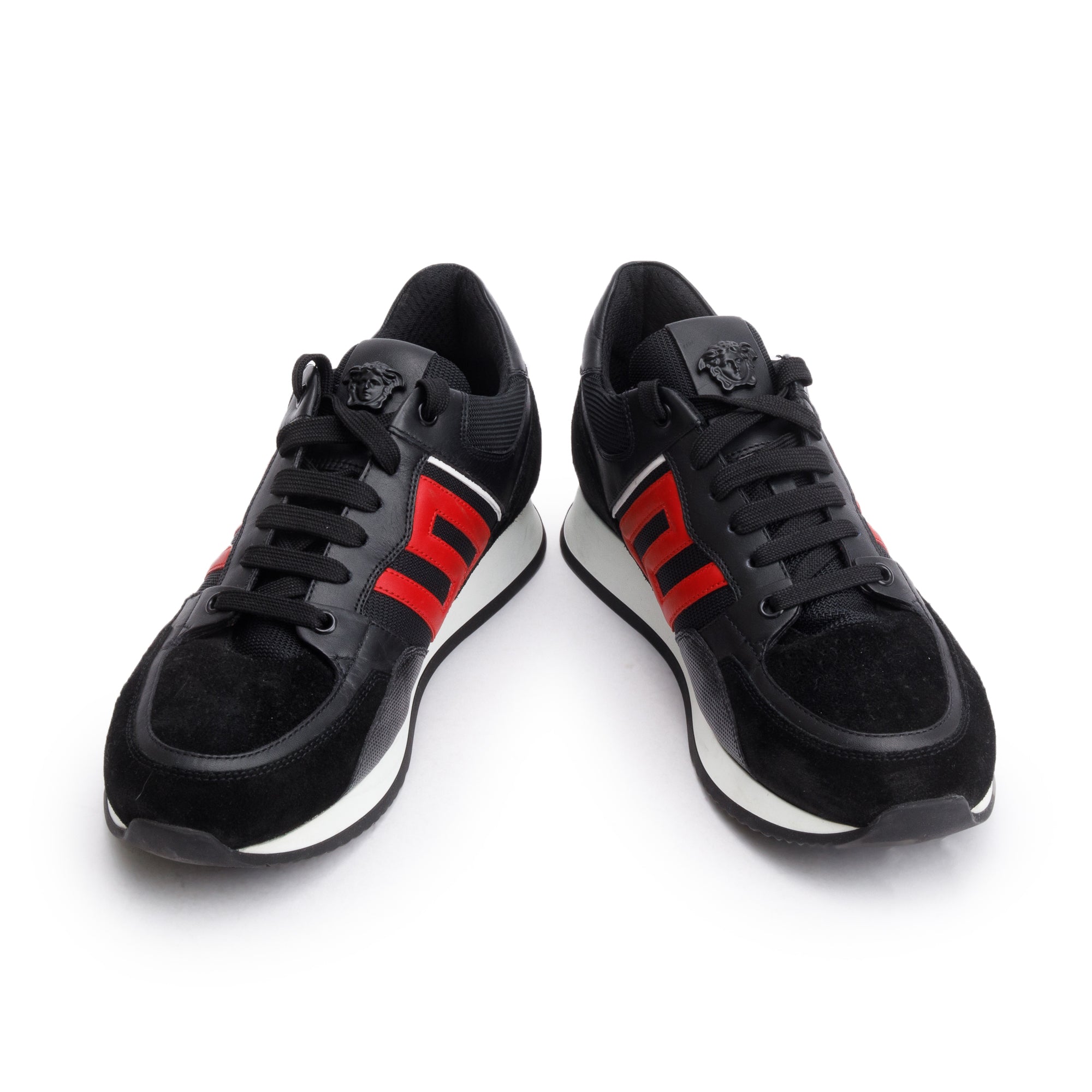 Versace Black/Red Leather Suede Greek Key Sneakers, Size 42 w/ Box