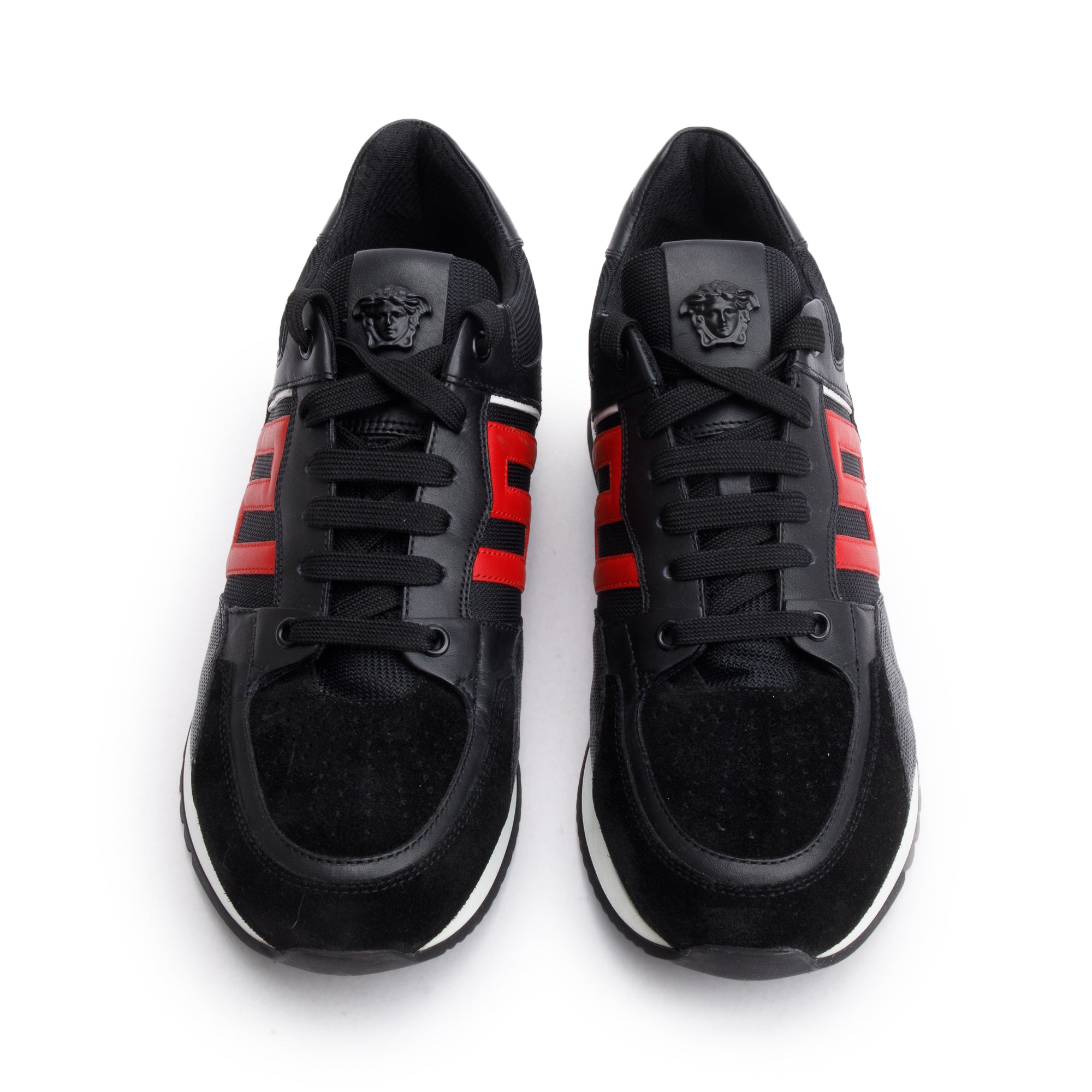 Versace Black/Red Leather Suede Greek Key Sneakers, Size 42 w/ Box