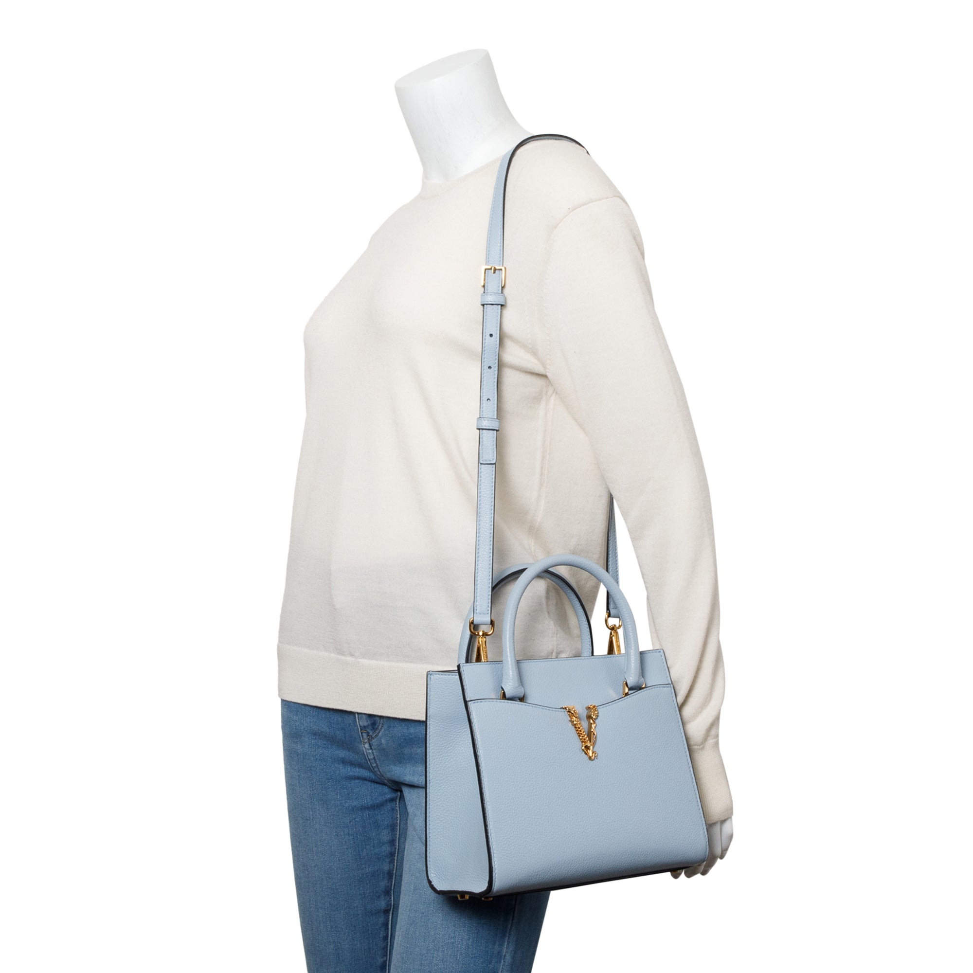 Versace Blue Grained Leather Virtus Small Top Handle Bag w/ Strap