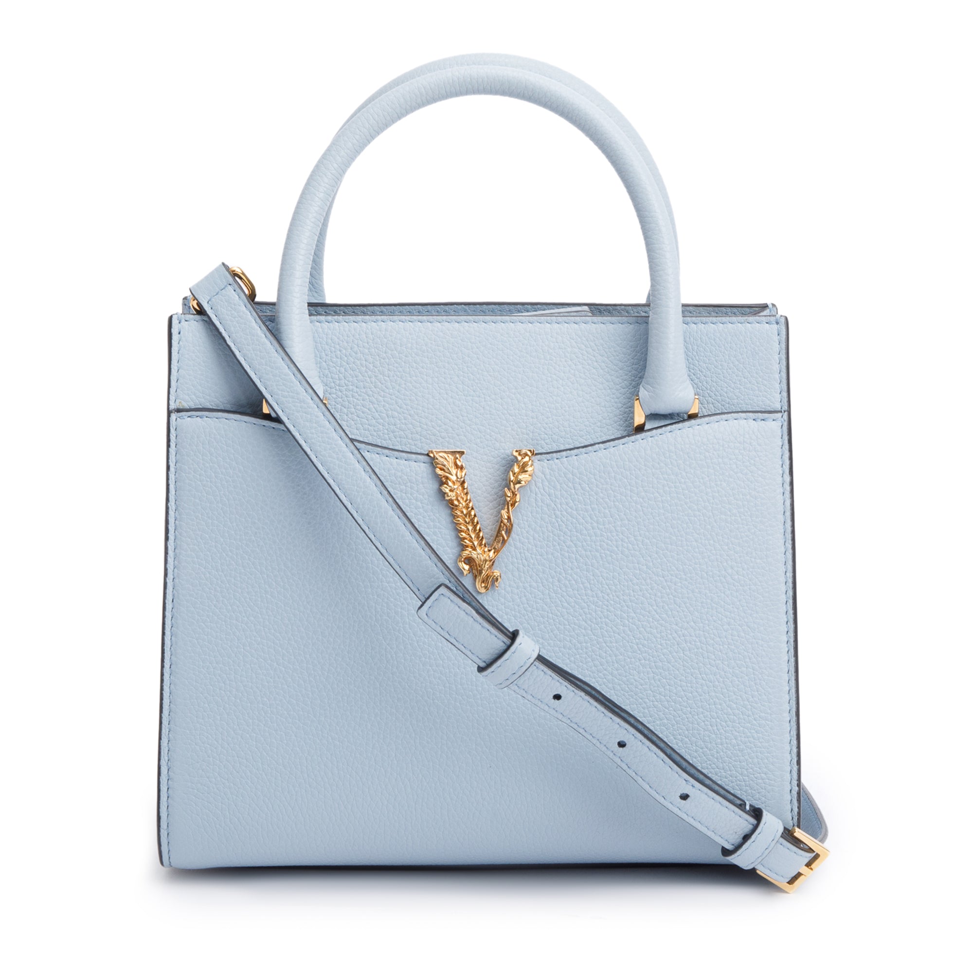 Versace Blue Grained Leather Virtus Small Top Handle Bag w/ Strap