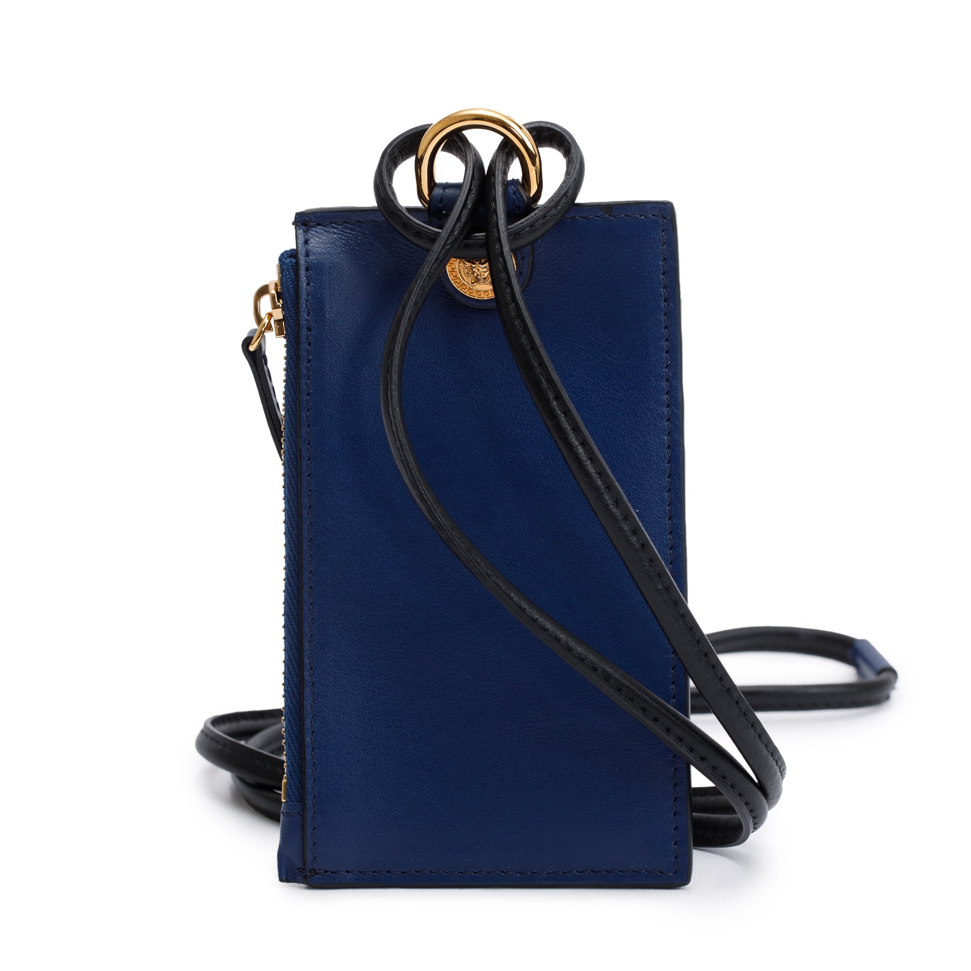 Versace Blue Leather La Medusa Lanyard Card Holder Wallet