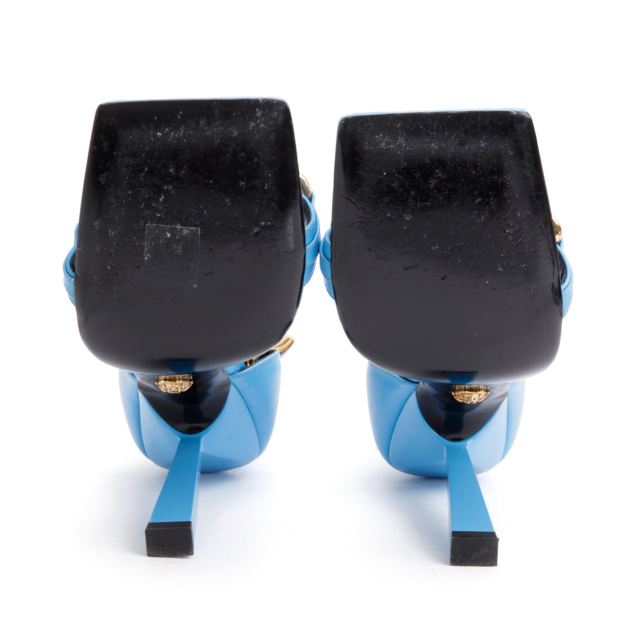 Versace Blue Leather Medusa Insignia Chain Link Sandals, Size 40