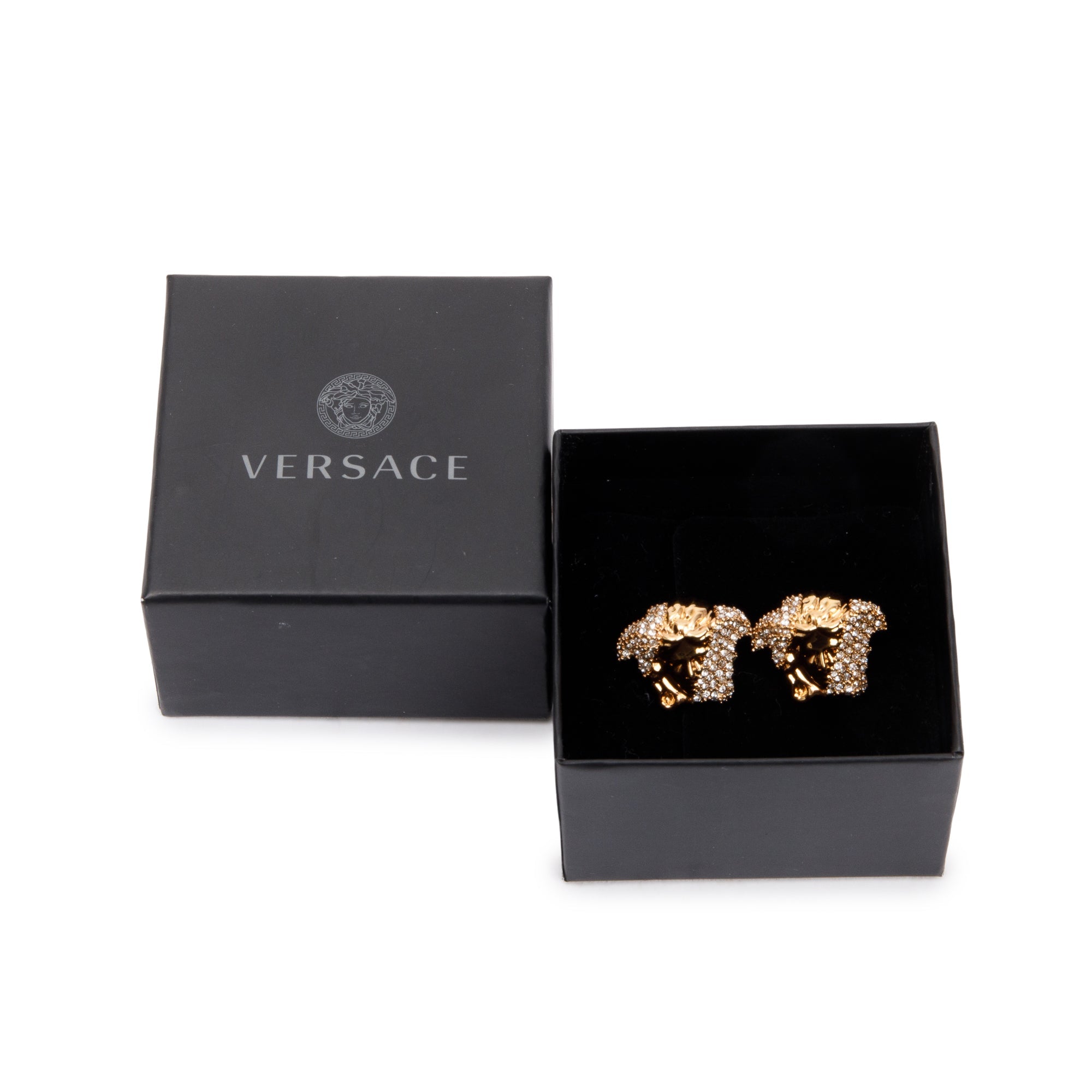 Versace Gold Plated Crystal Embellished Medusa Stud Earrings w/ Box