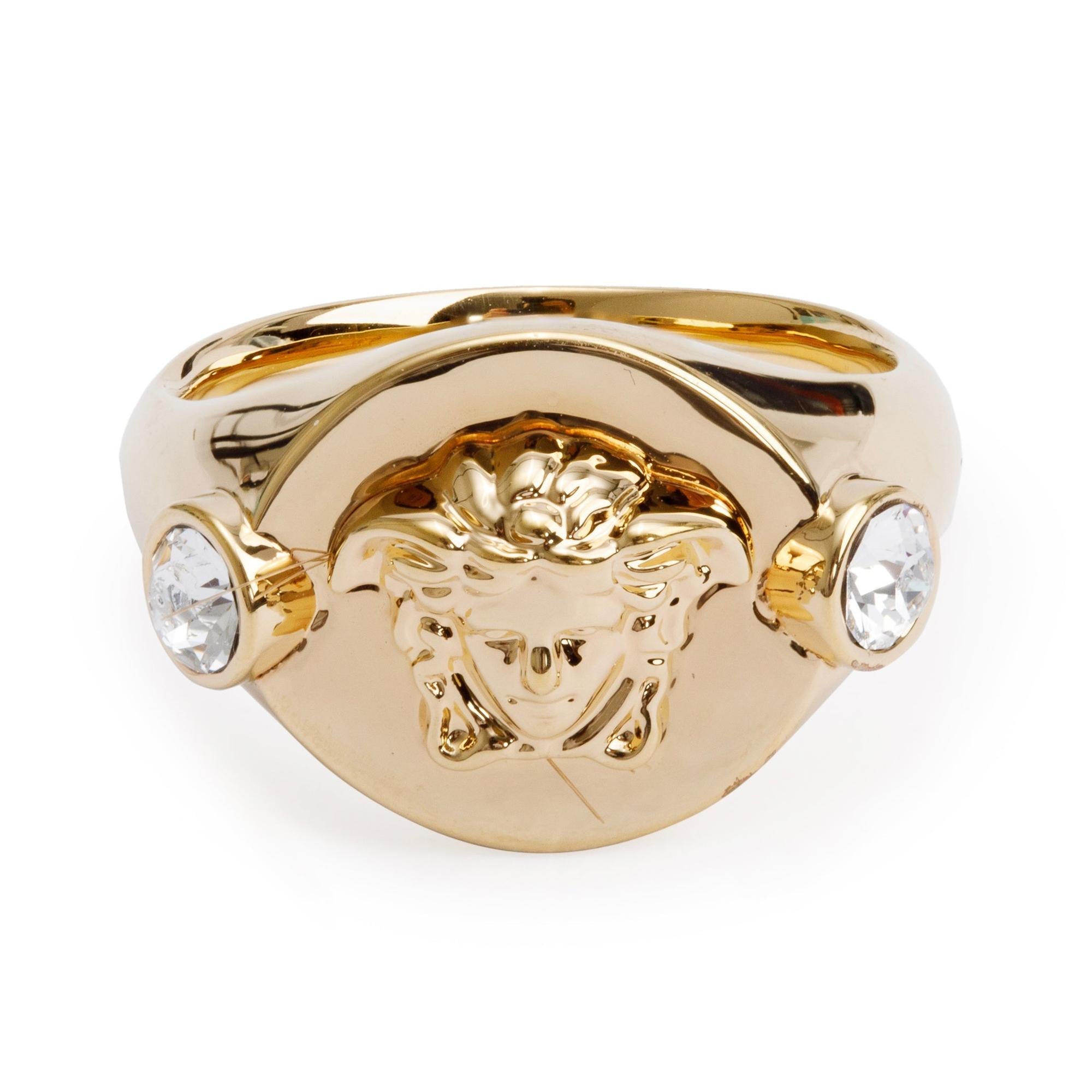 Versace Gold-Plated Crystal Icon Medusa Ring, Size 8 w/ Box