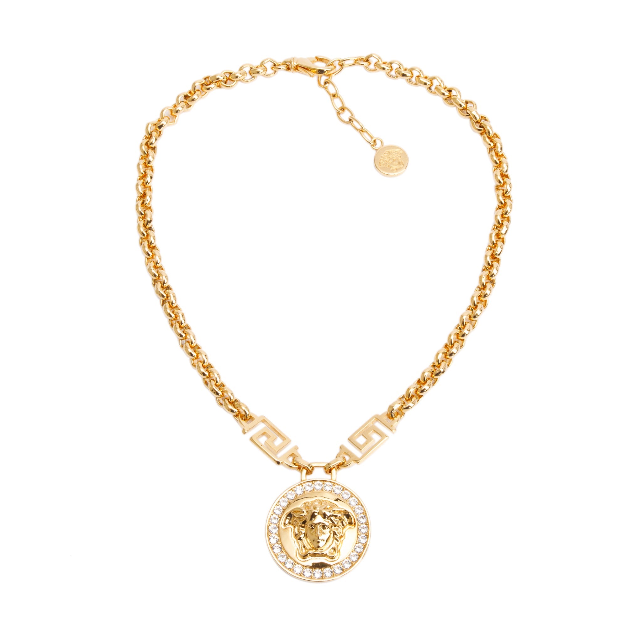 Versace Gold Plated Crystal La Medusa Greca Pendant Necklace w/ Box