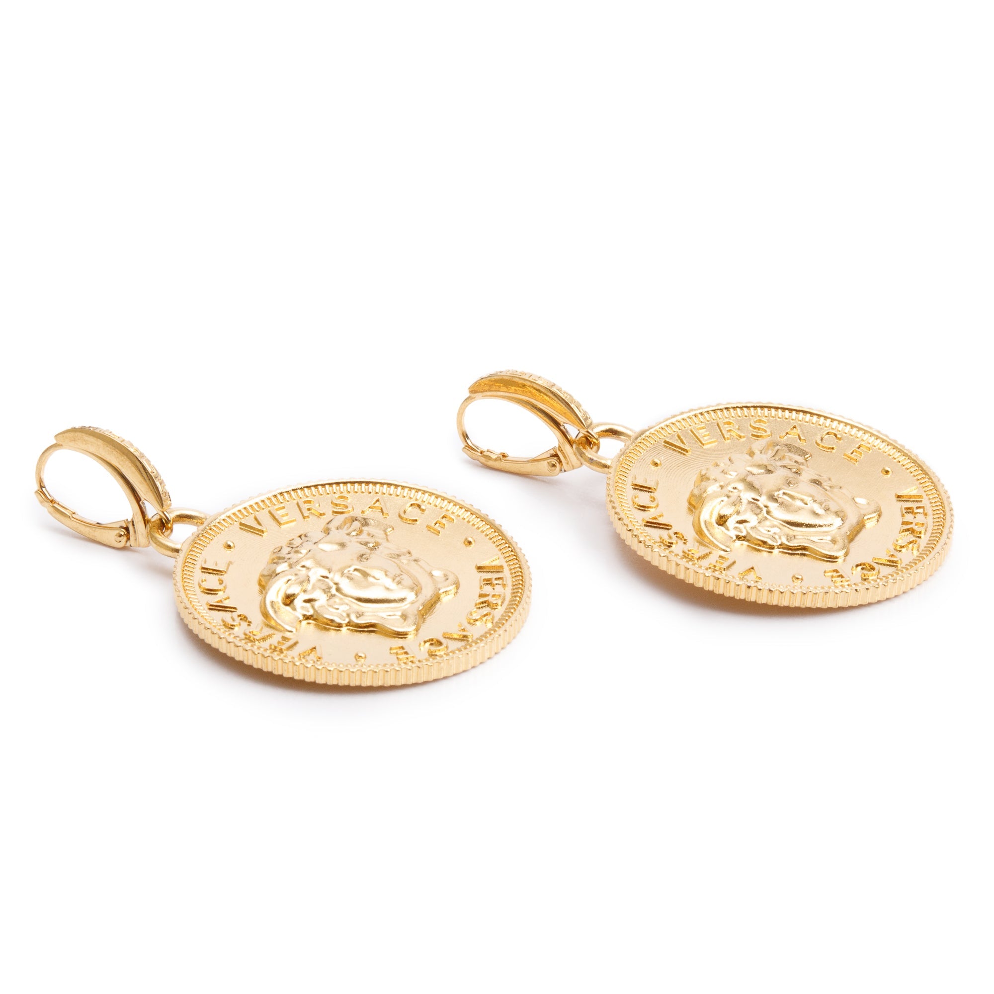 Versace Gold Plated Medusa Tribute Coin Drop Earrings w/ Box