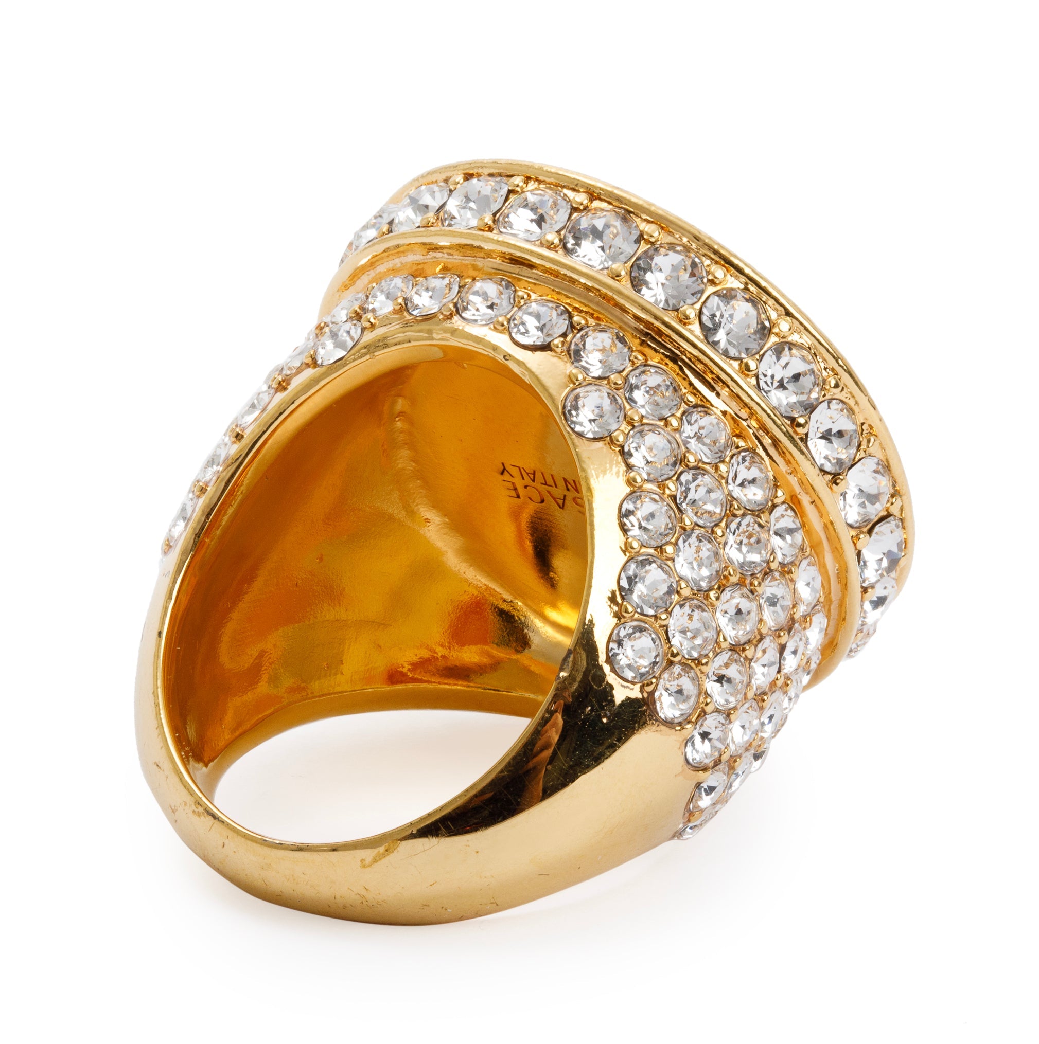 Versace Gold-Plated Metal Crystal Embellished Medusa Cocktail Ring, Size 19 8.5