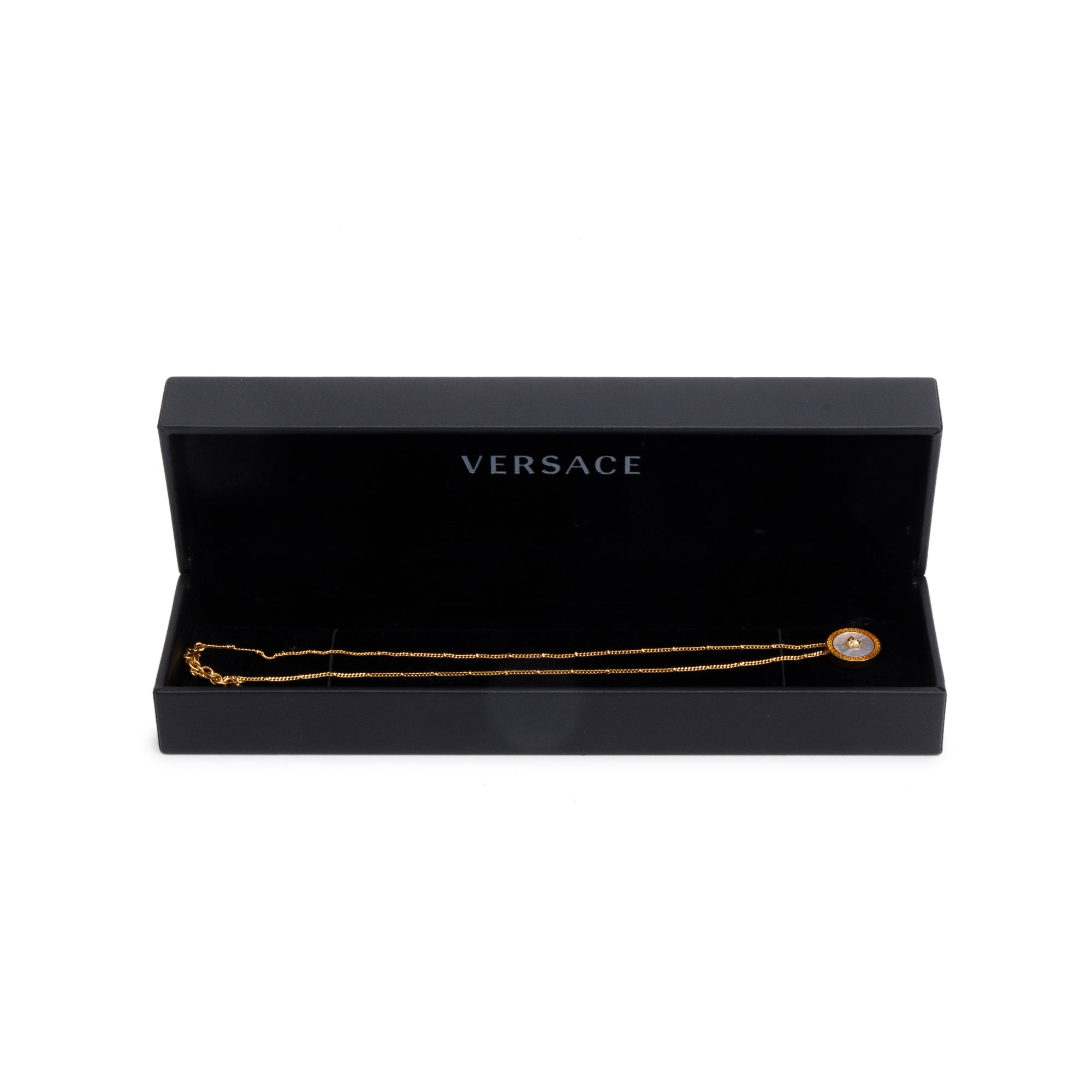 Versace Gold Plated Mother Of Pearl Medusa Pendant Necklace w/ Box