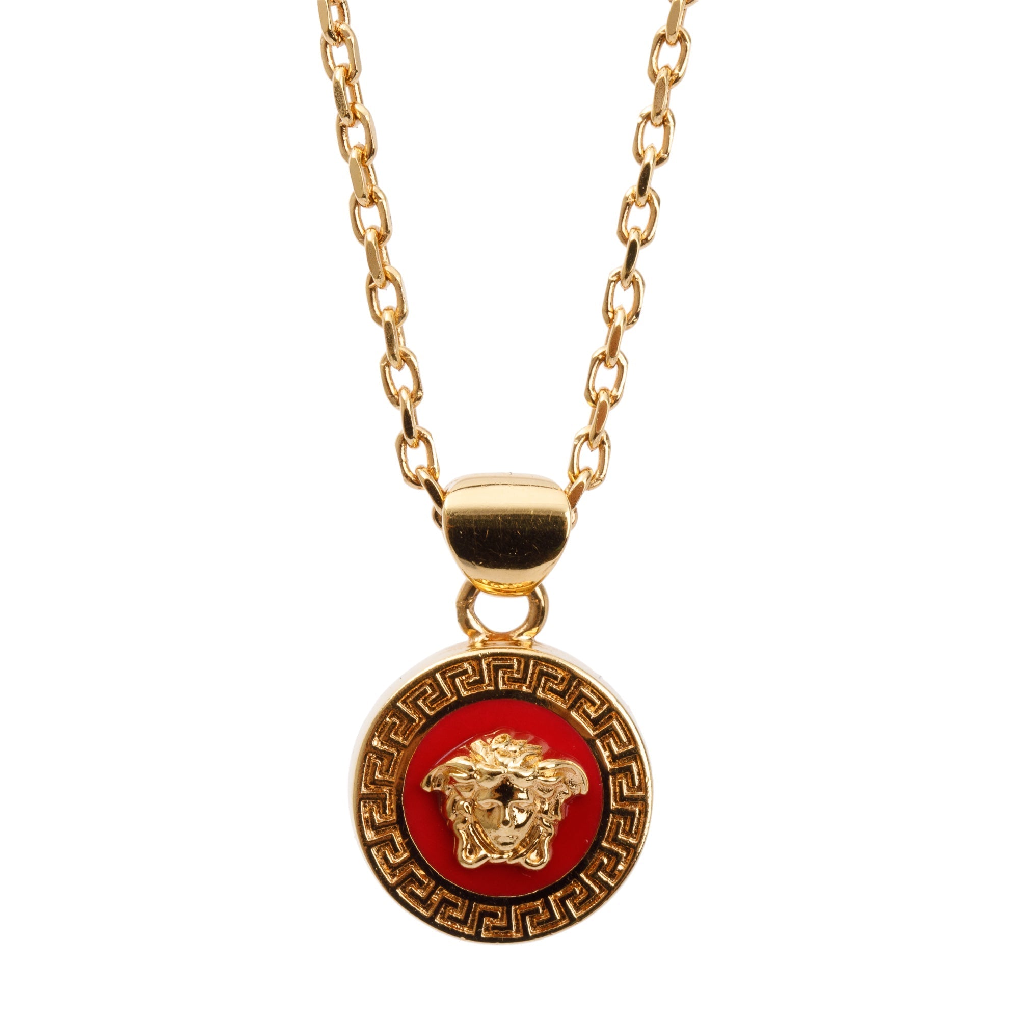Versace Gold Plated Red Enamel Medusa Pendant Necklace w/ Box