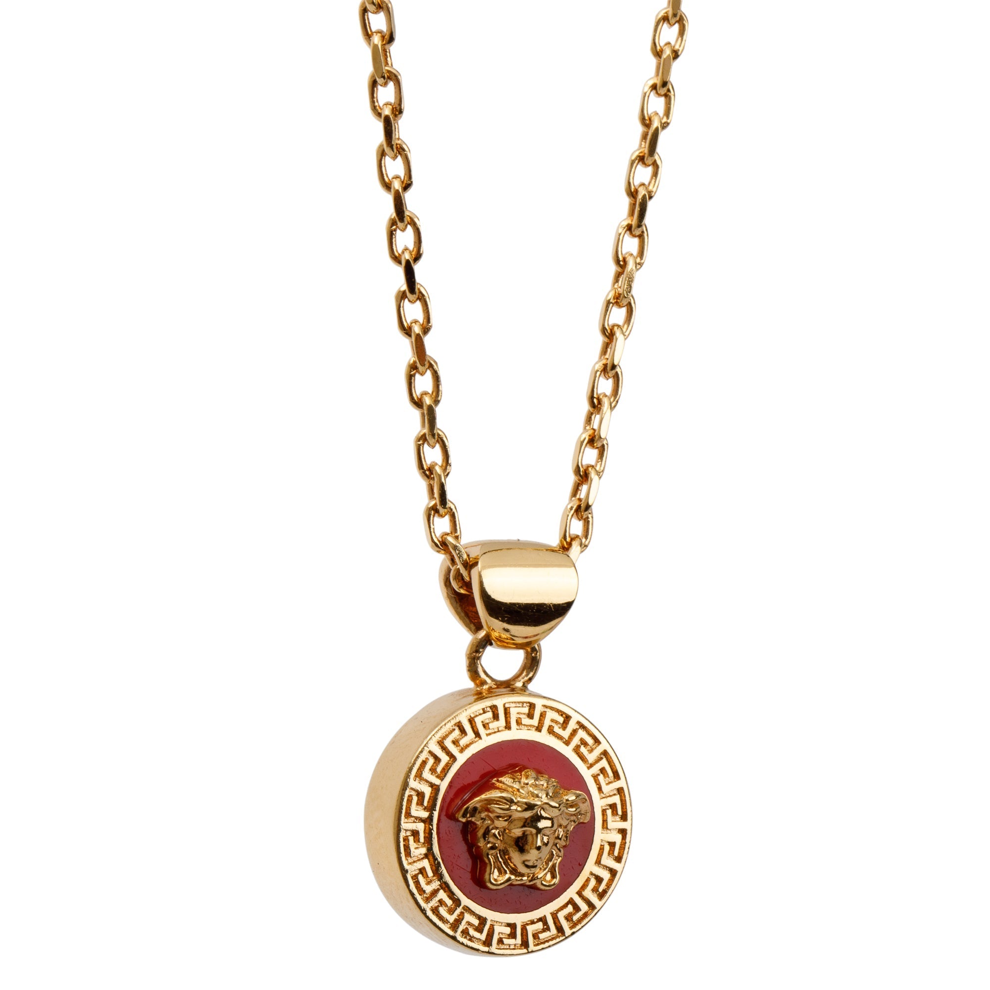 Versace Gold Plated Red Enamel Medusa Pendant Necklace w/ Box