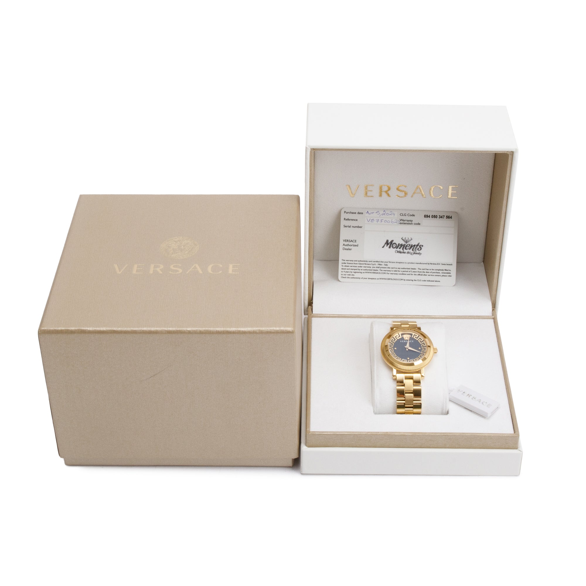 Versace Gold-Plated Stainless Steel Greca Flourish 35 MM Quartz Watch w/ Box & Papers