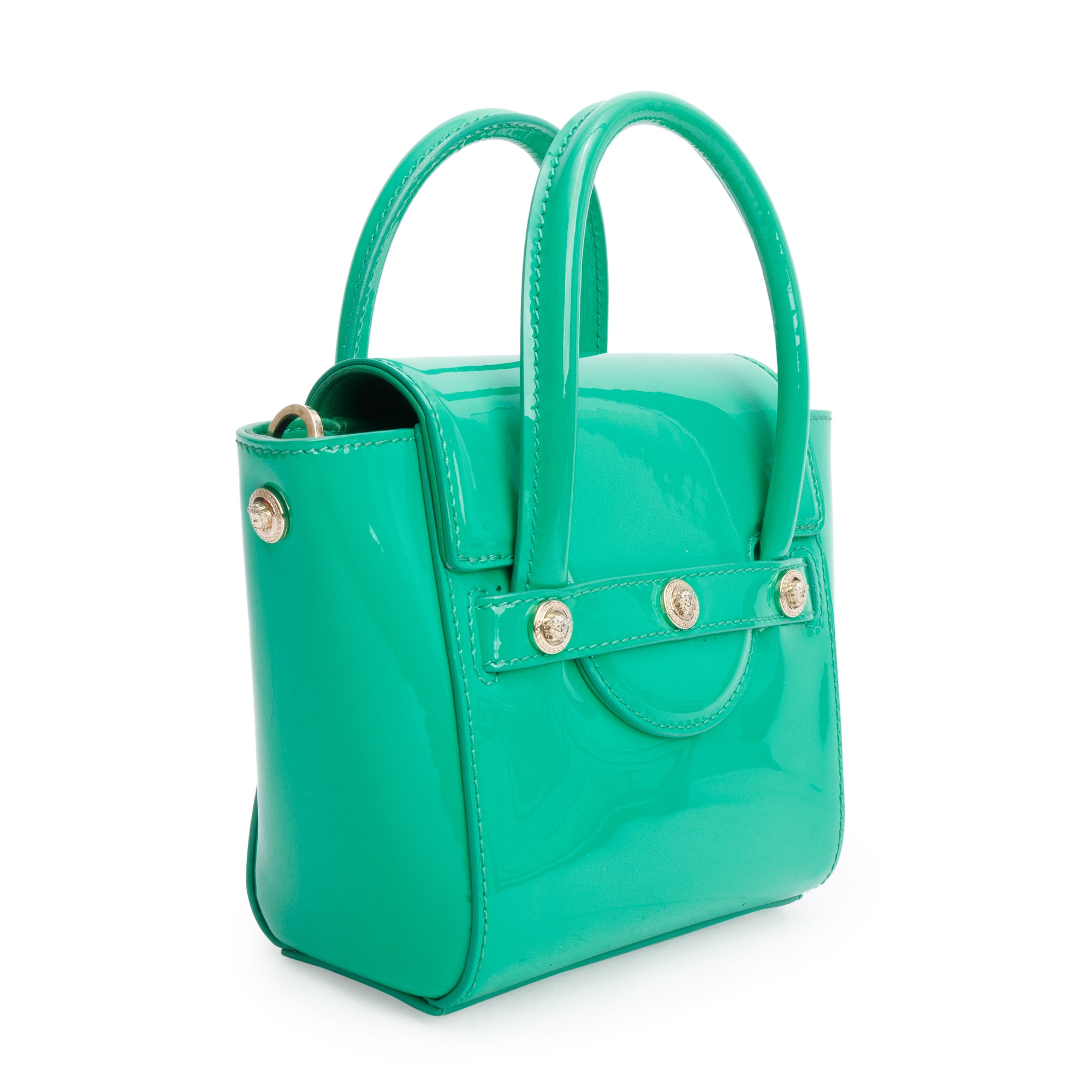 Versace Green Patent Leather Mini Signature Handle Bag w/ Strap