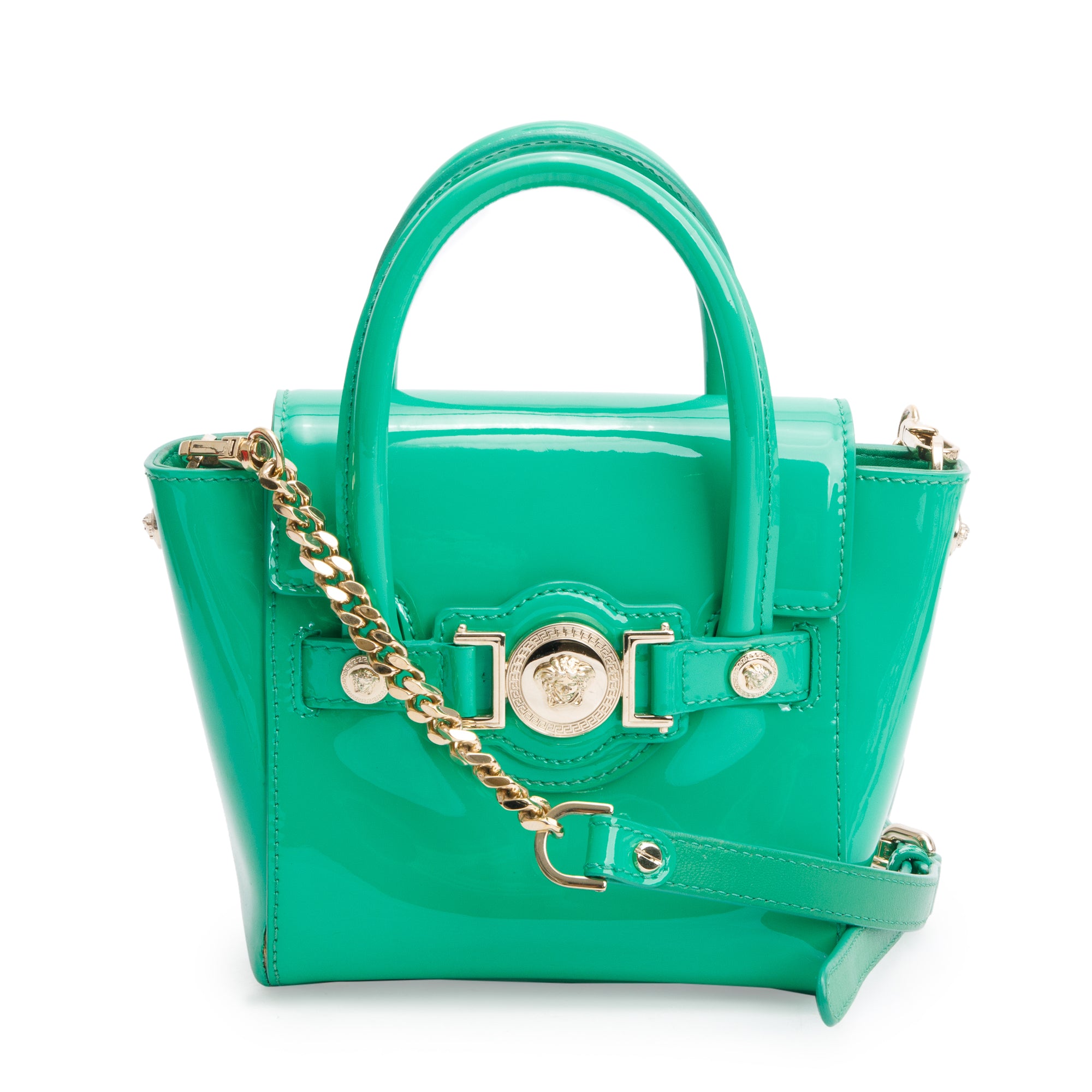 Versace Green Patent Leather Mini Signature Handle Bag w/ Strap
