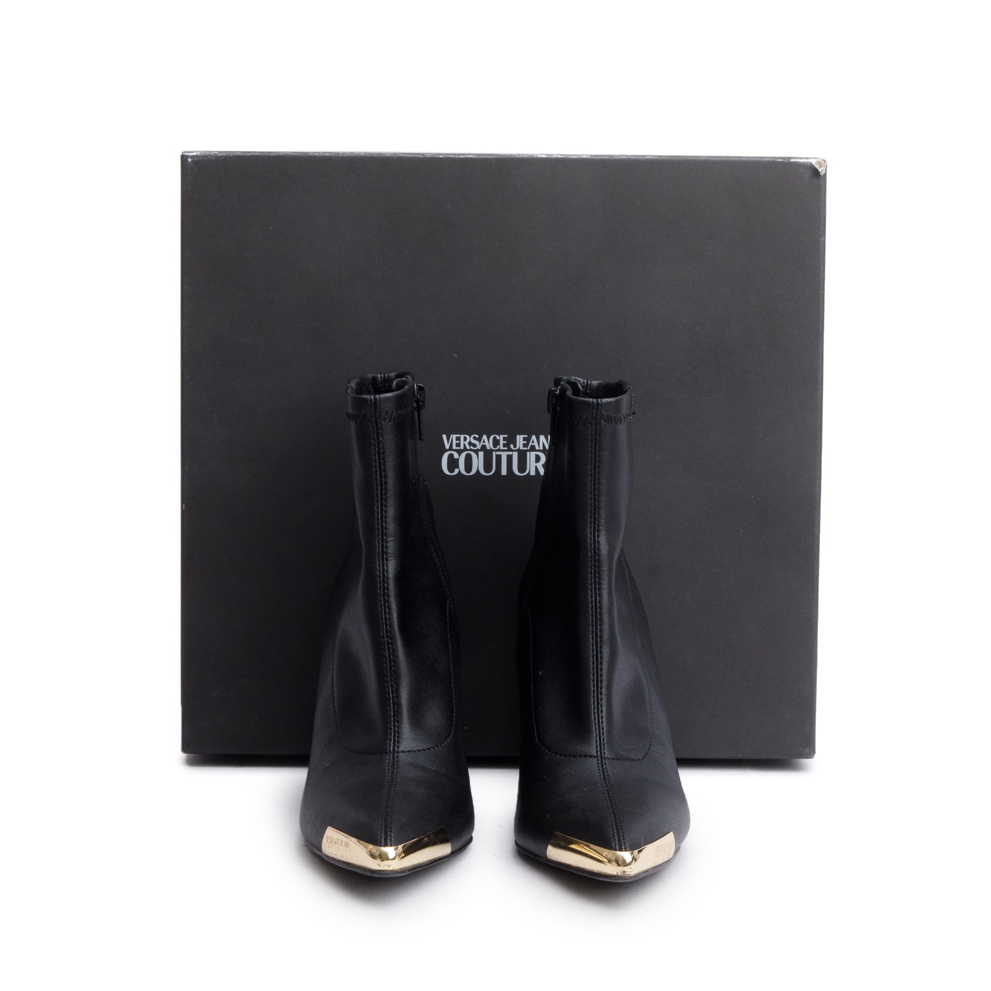 Versace Jeans Black Leather Stiletto Ankle Boots, Size 36 w/ Box