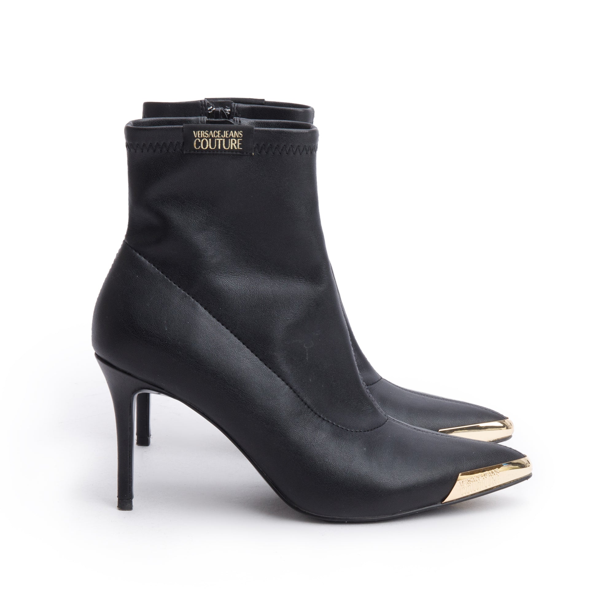 Versace Jeans Black Leather Stiletto Ankle Boots, Size 36 w/ Box
