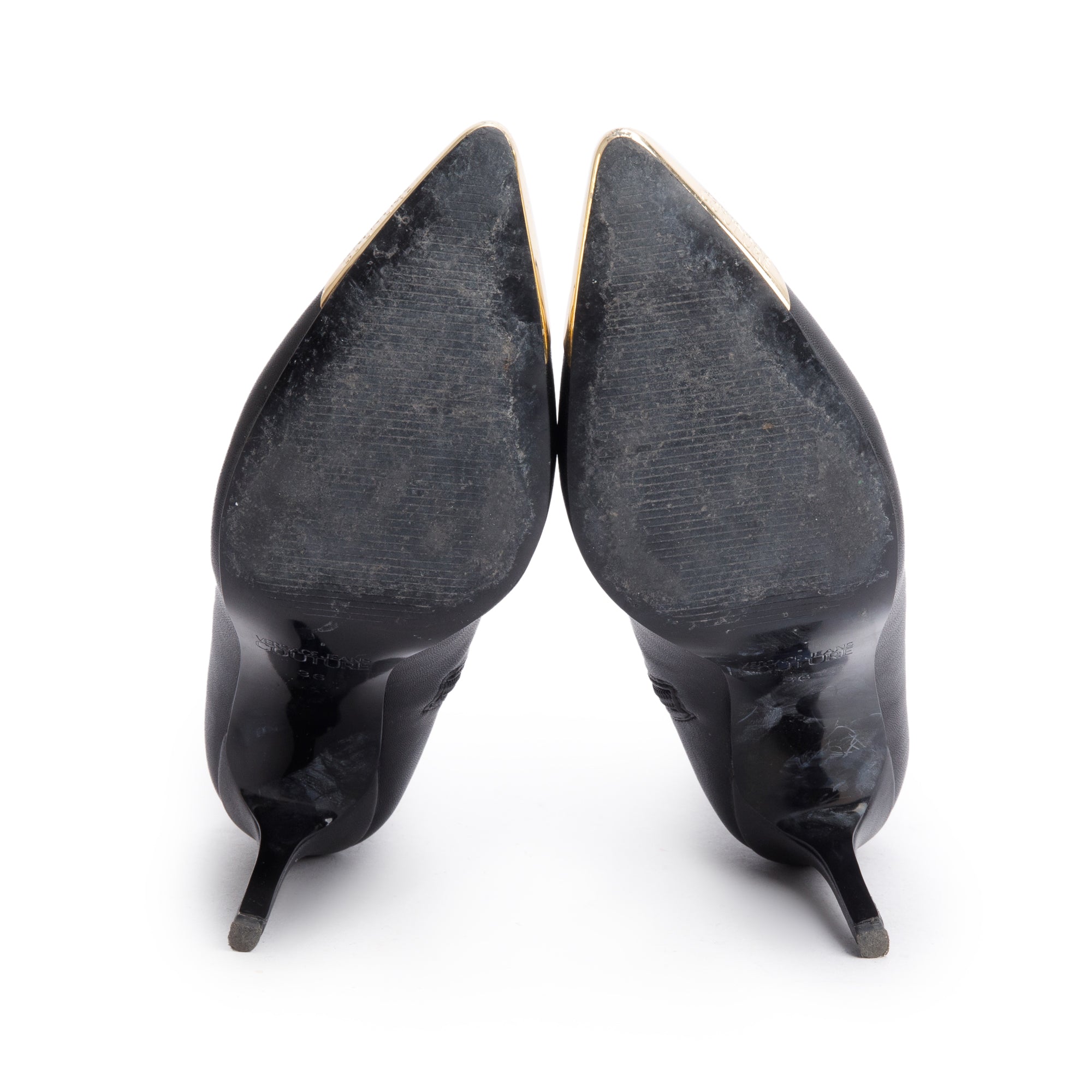 Versace Jeans Black Leather Stiletto Ankle Boots, Size 36 w/ Box