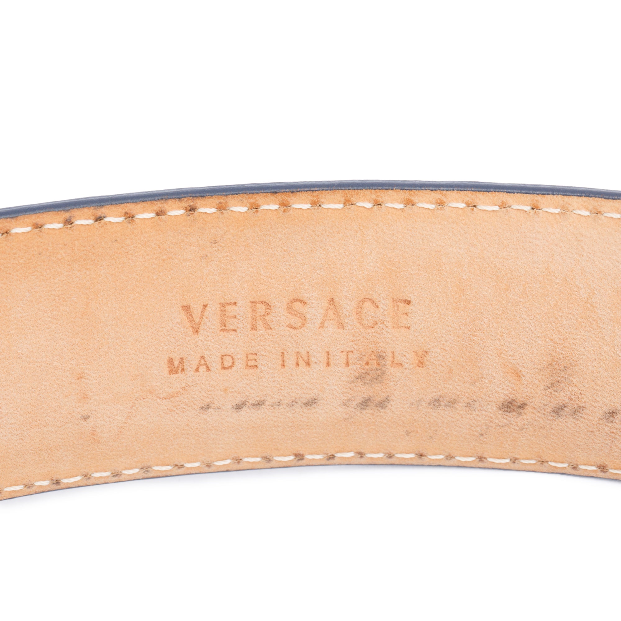 Versace Navy Calfskin Leather Palazzo Medusa Belt 85 34
