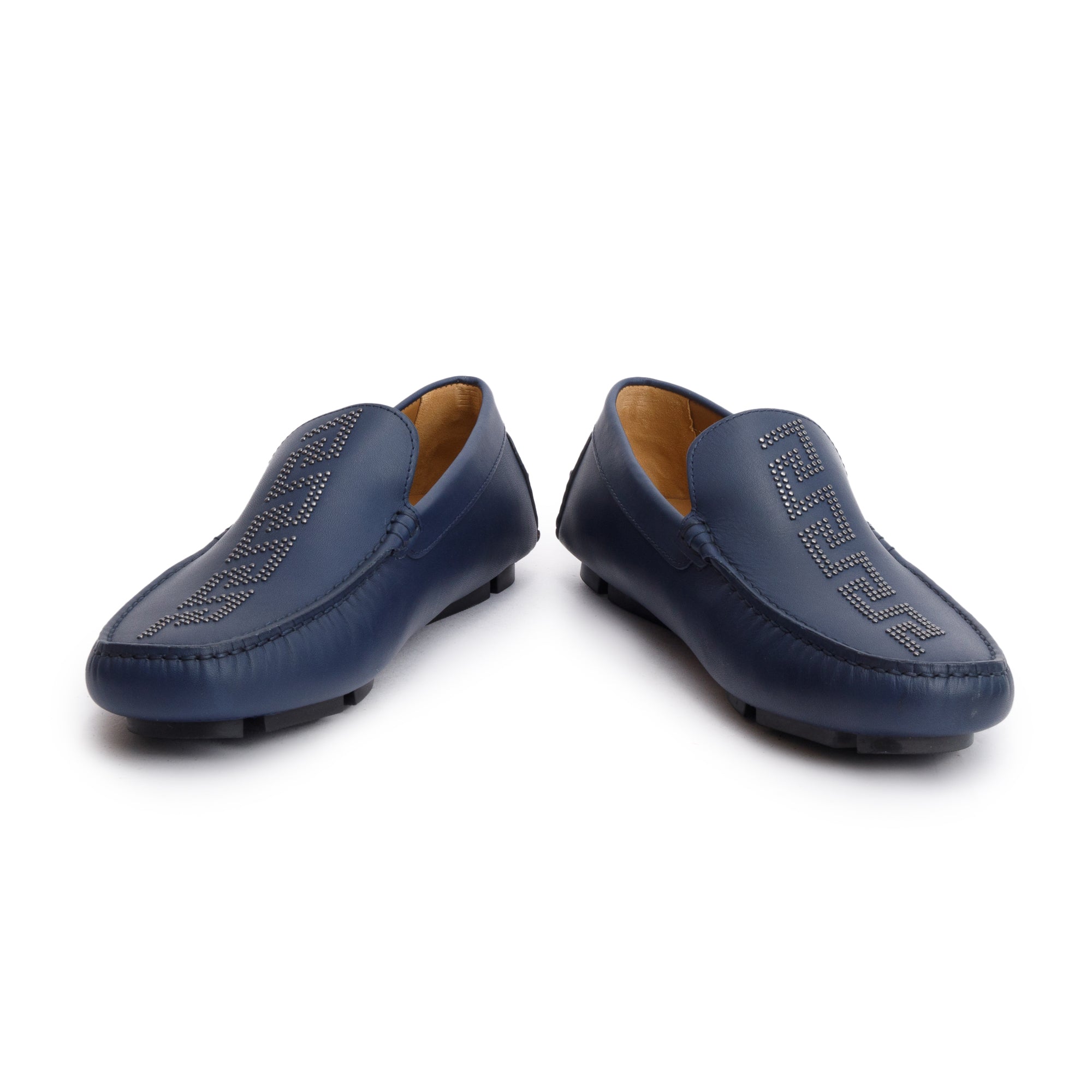 Versace Navy Studded Greca Driver Loafers, Size 44 w/ Box