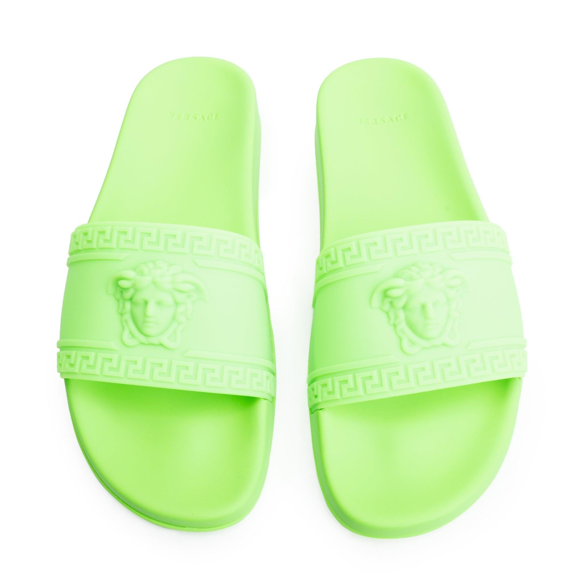 Versace Neon Green Rubber Palazzo Pool Slides, Size 45 w/ Box& Authenticity Card