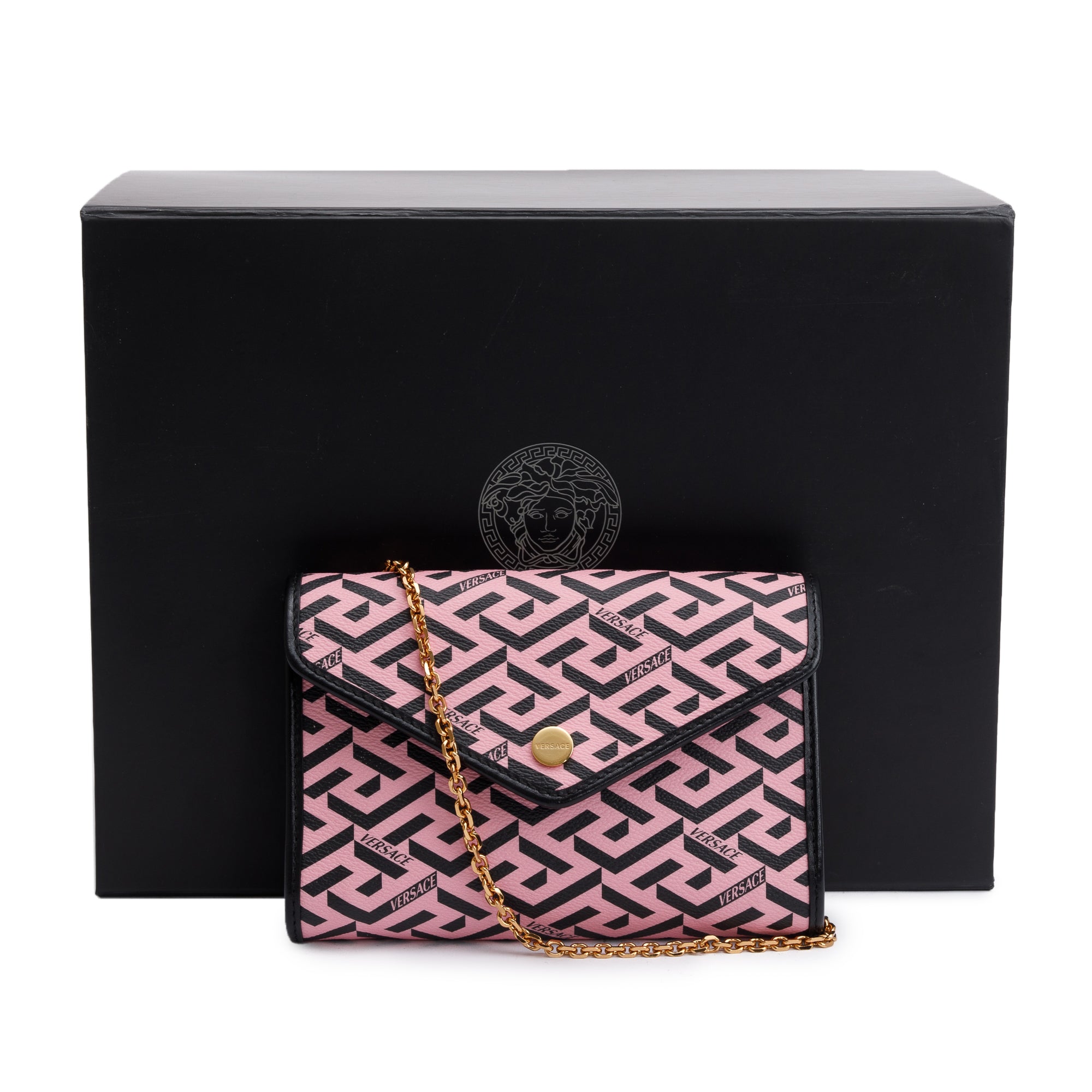 Versace Pink La Greca Signature Coated Canvas Chain Pouch w/ Box & Receipt