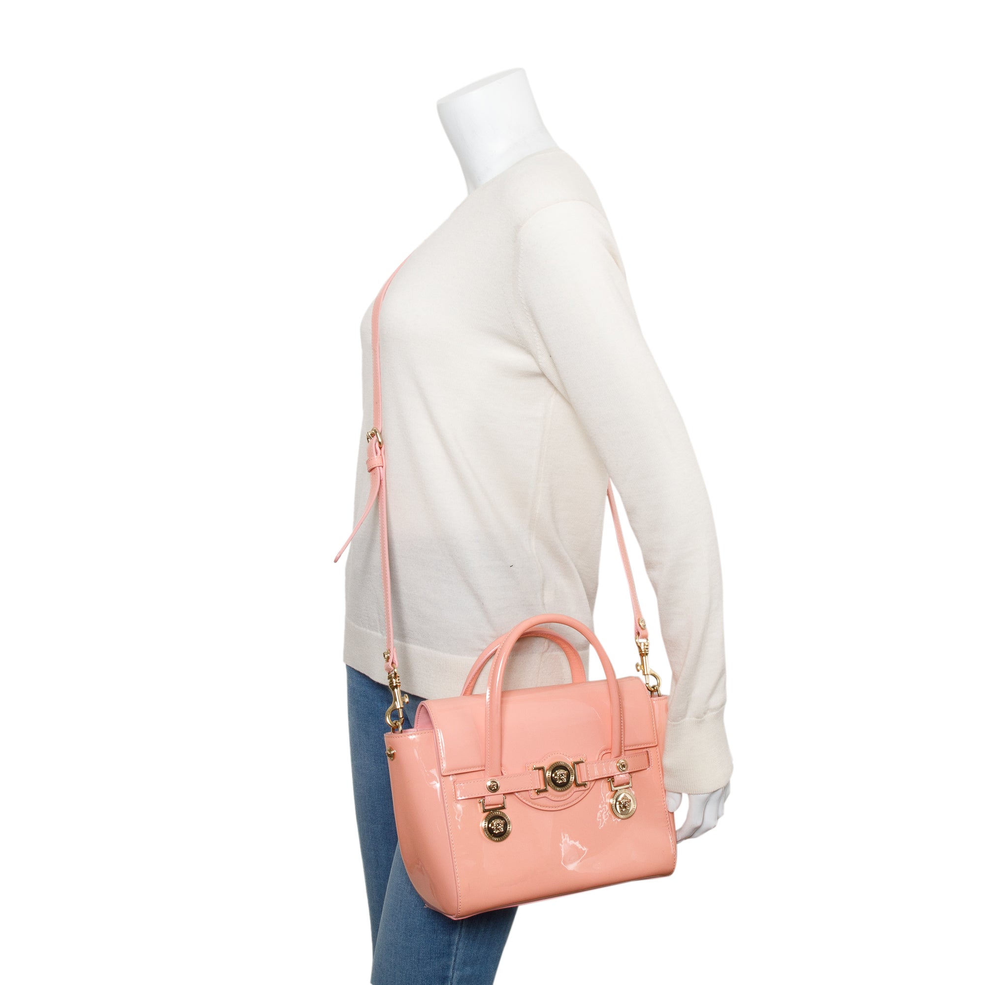 Versace Pink Patent Leather Signature Handle Bag w/ Strap