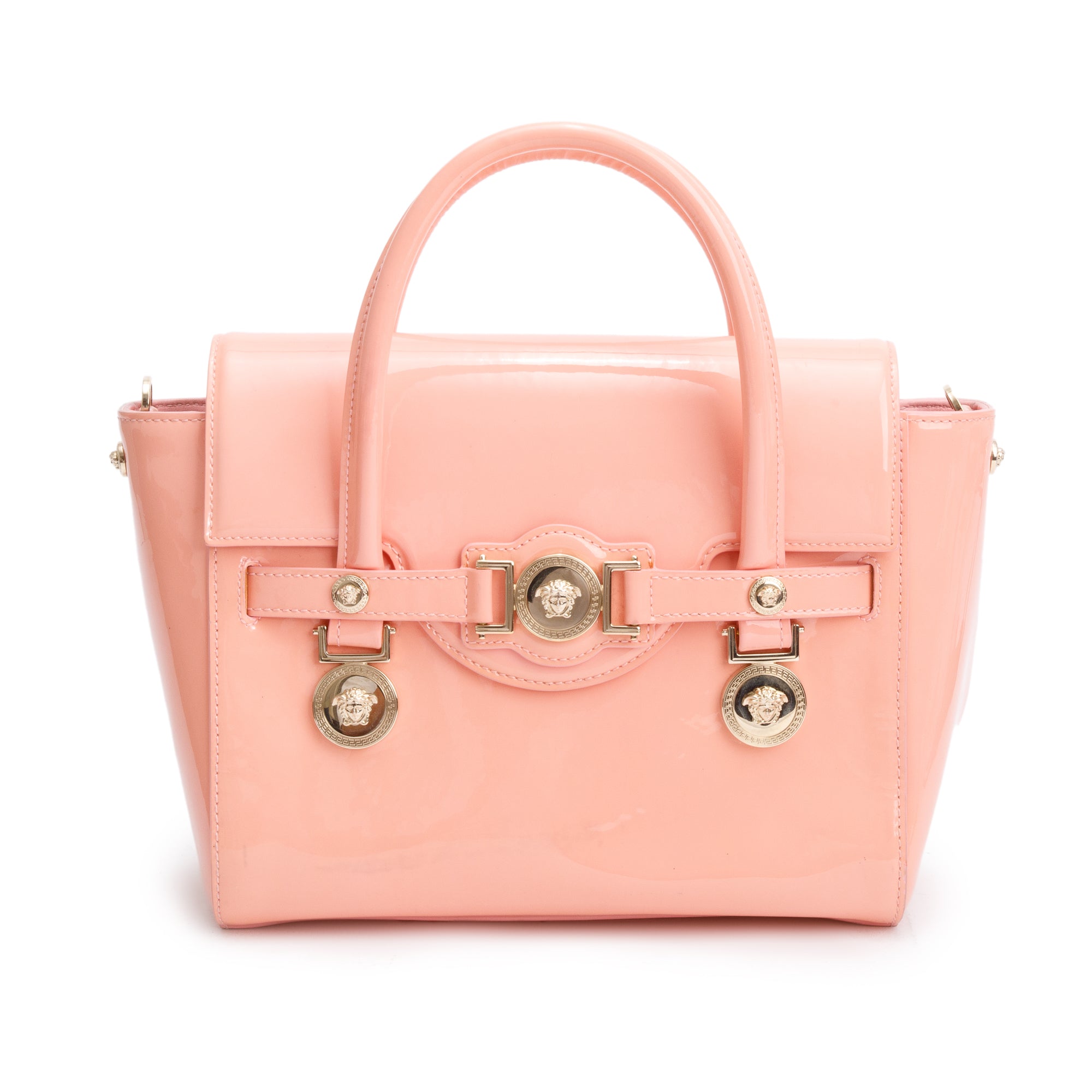 Versace Pink Patent Leather Signature Handle Bag w/ Strap