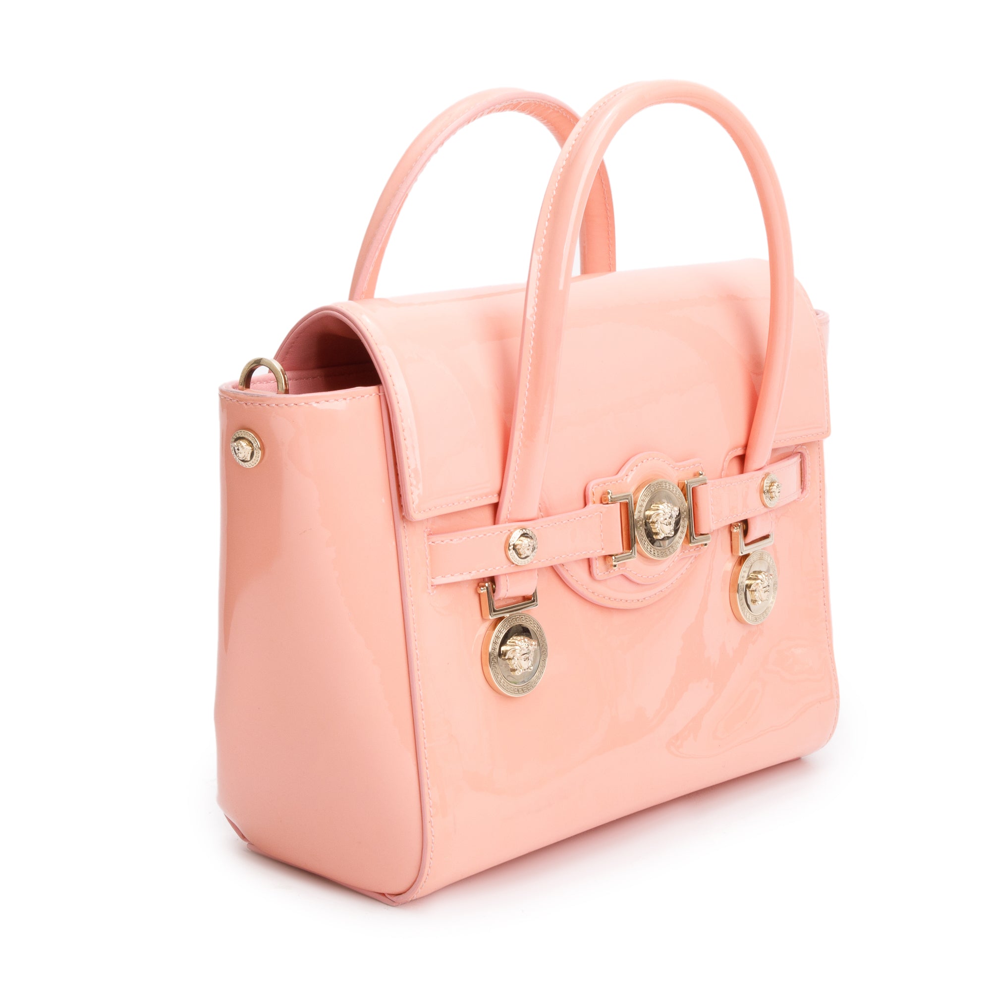 Versace Pink Patent Leather Signature Handle Bag w/ Strap