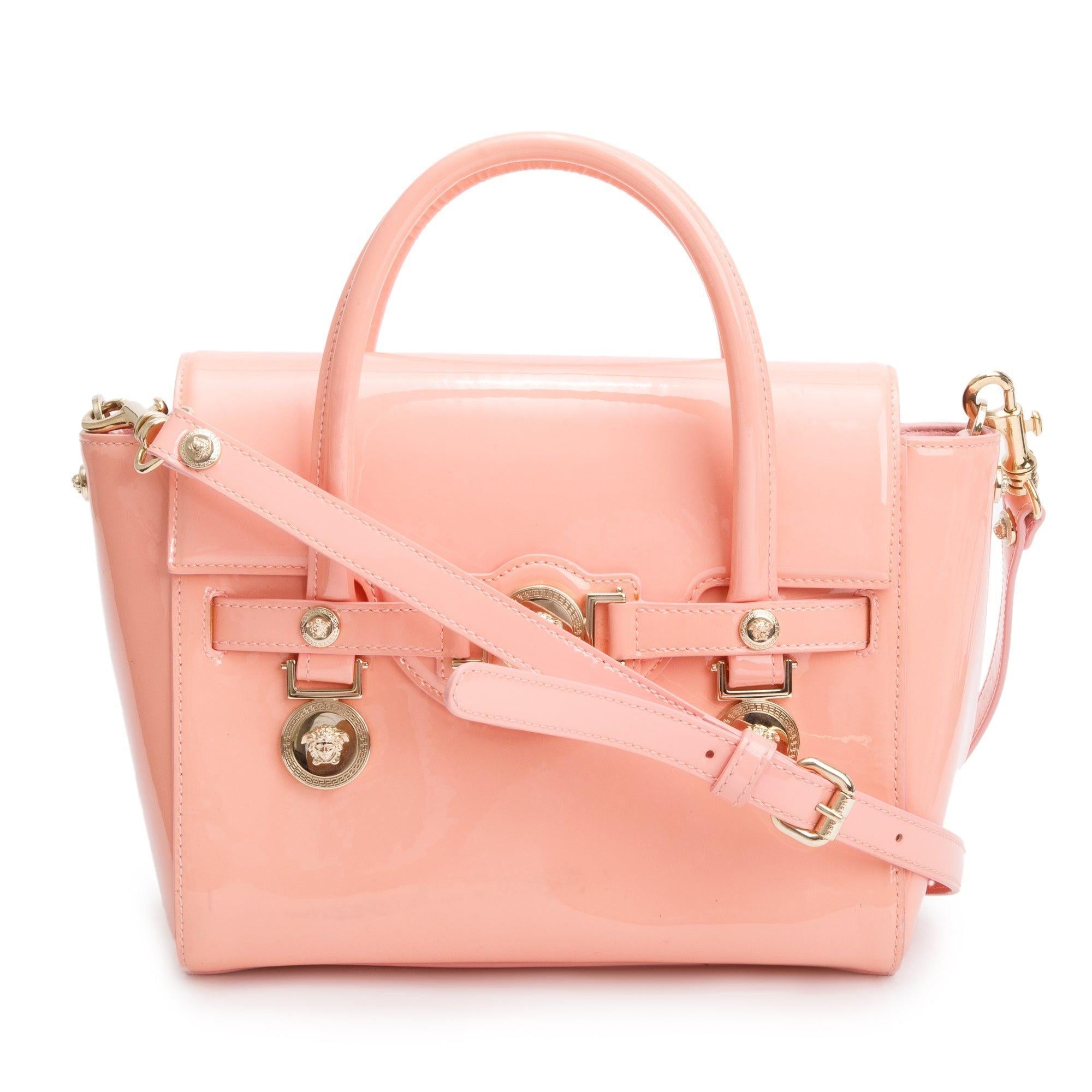 Versace Pink Patent Leather Signature Handle Bag w/ Strap
