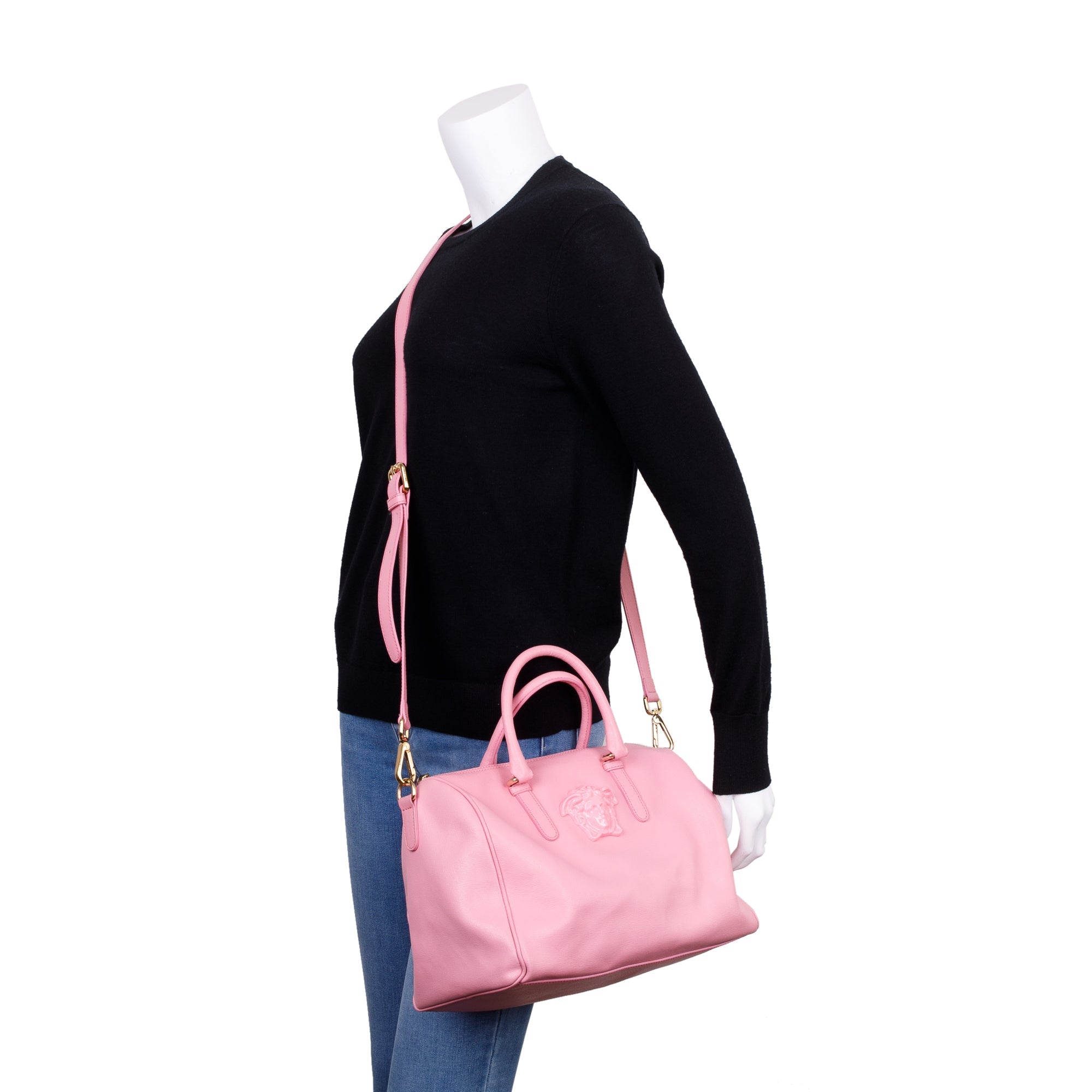 Versace Pink Saffiano Leather Palazzo Medusa Large Boston Bag