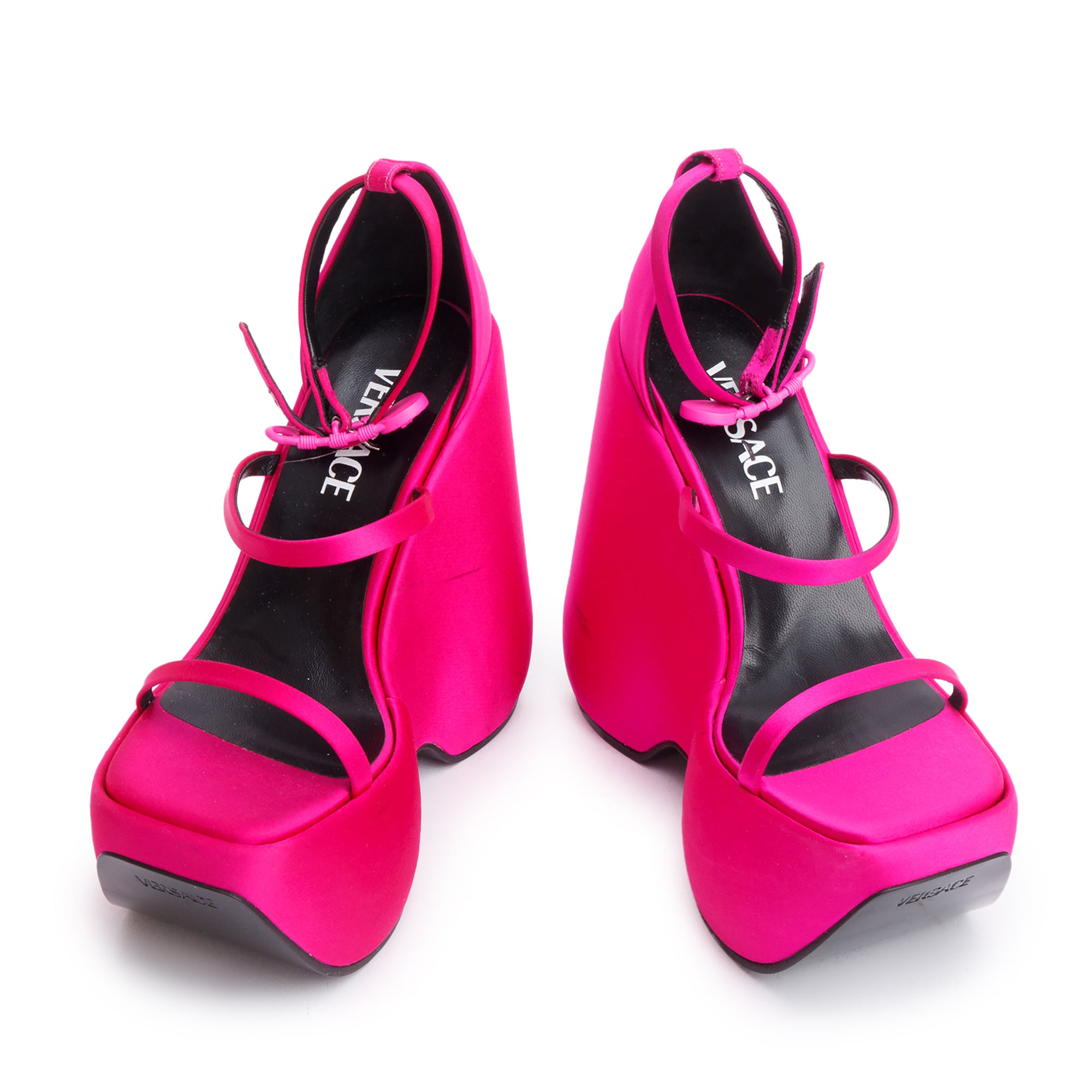 Versace Pink Satin Medusa Insignia Triplatform Wedge Sandals, Size 36