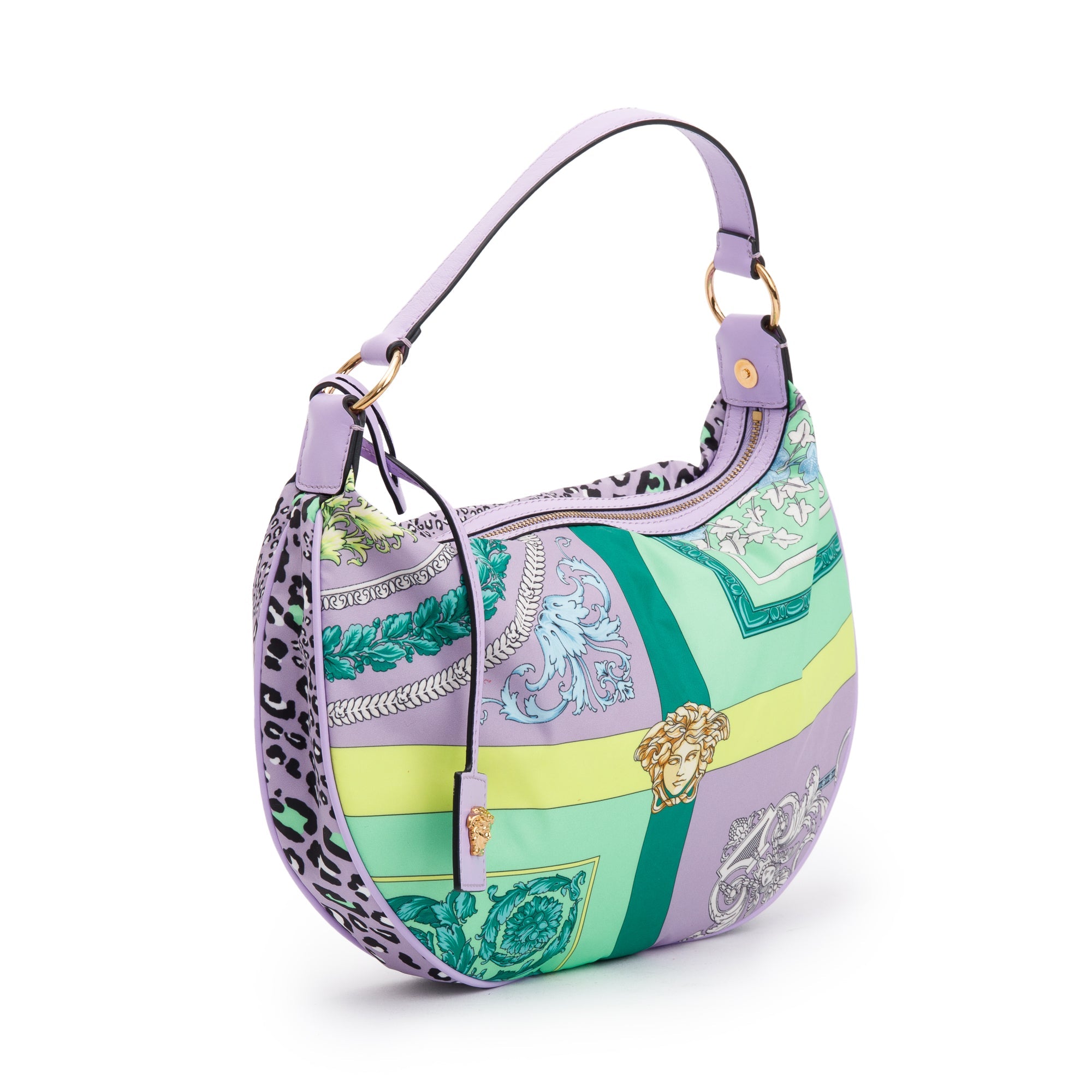Versace Purple Leather-Trimmed Multicoloured Nylon Mix Print Hobo