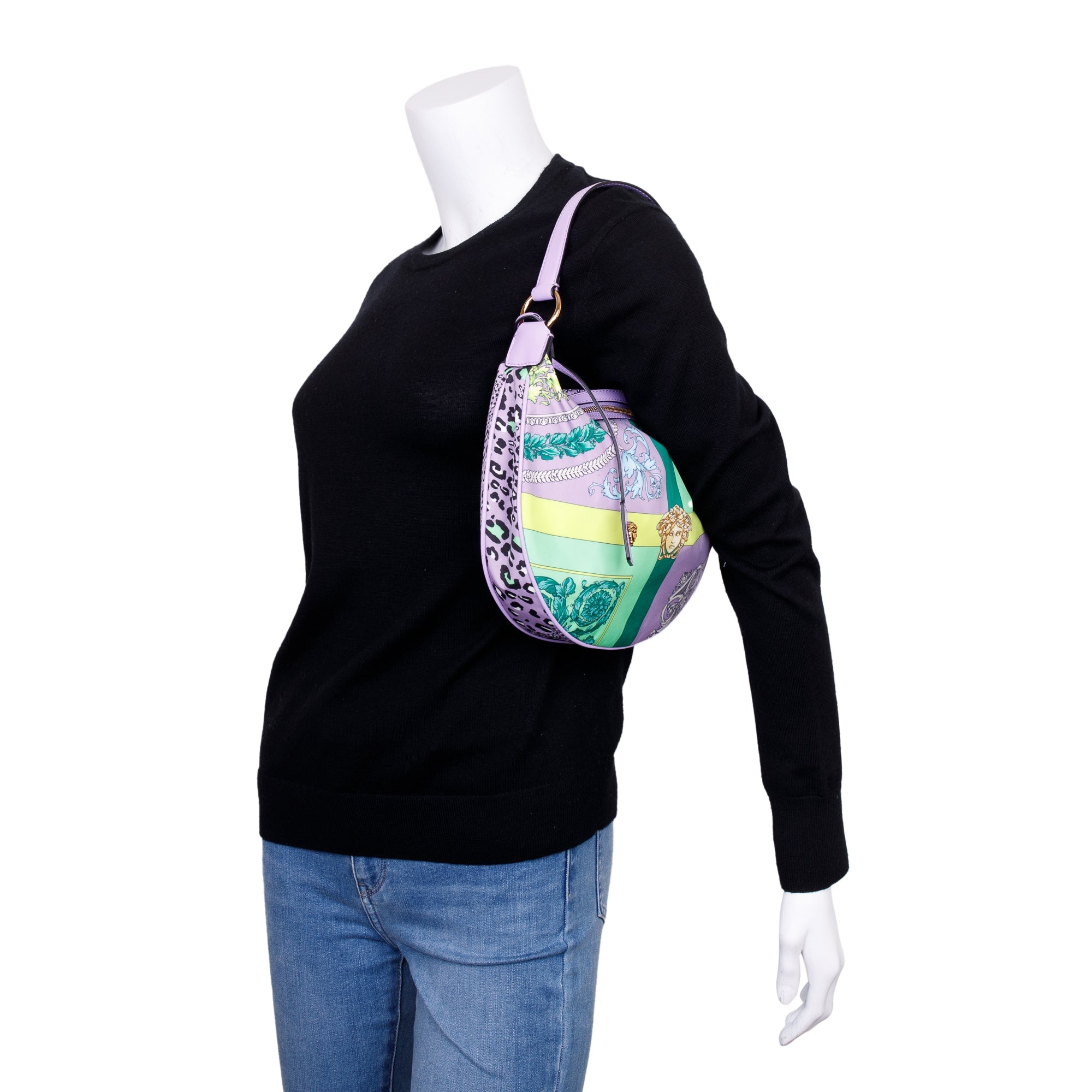 Versace Purple Leather-Trimmed Multicoloured Nylon Mix Print Hobo