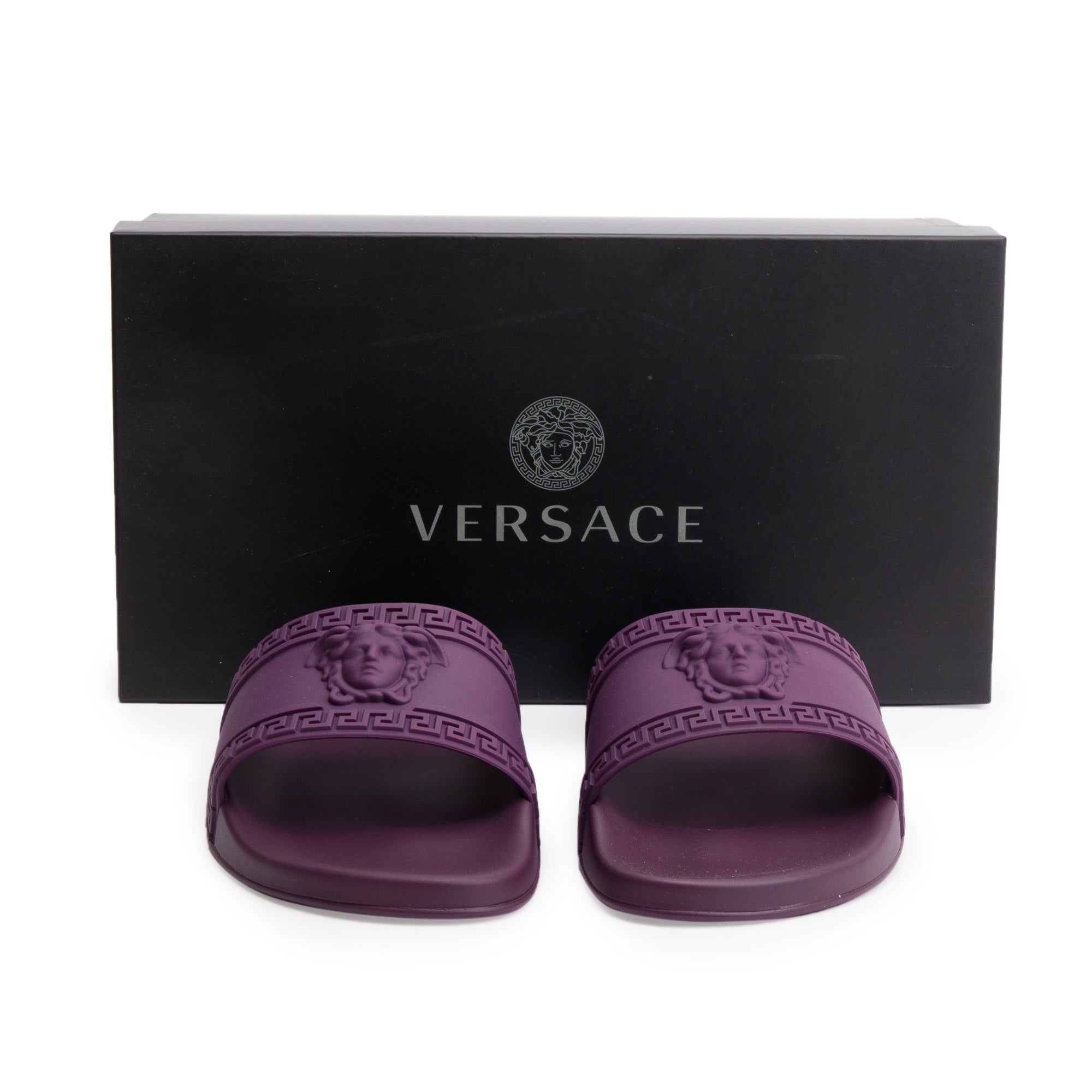 Versace Purple Rubber Palazzo Pool Slides, Size 45 w/ Box & Authenticity Card