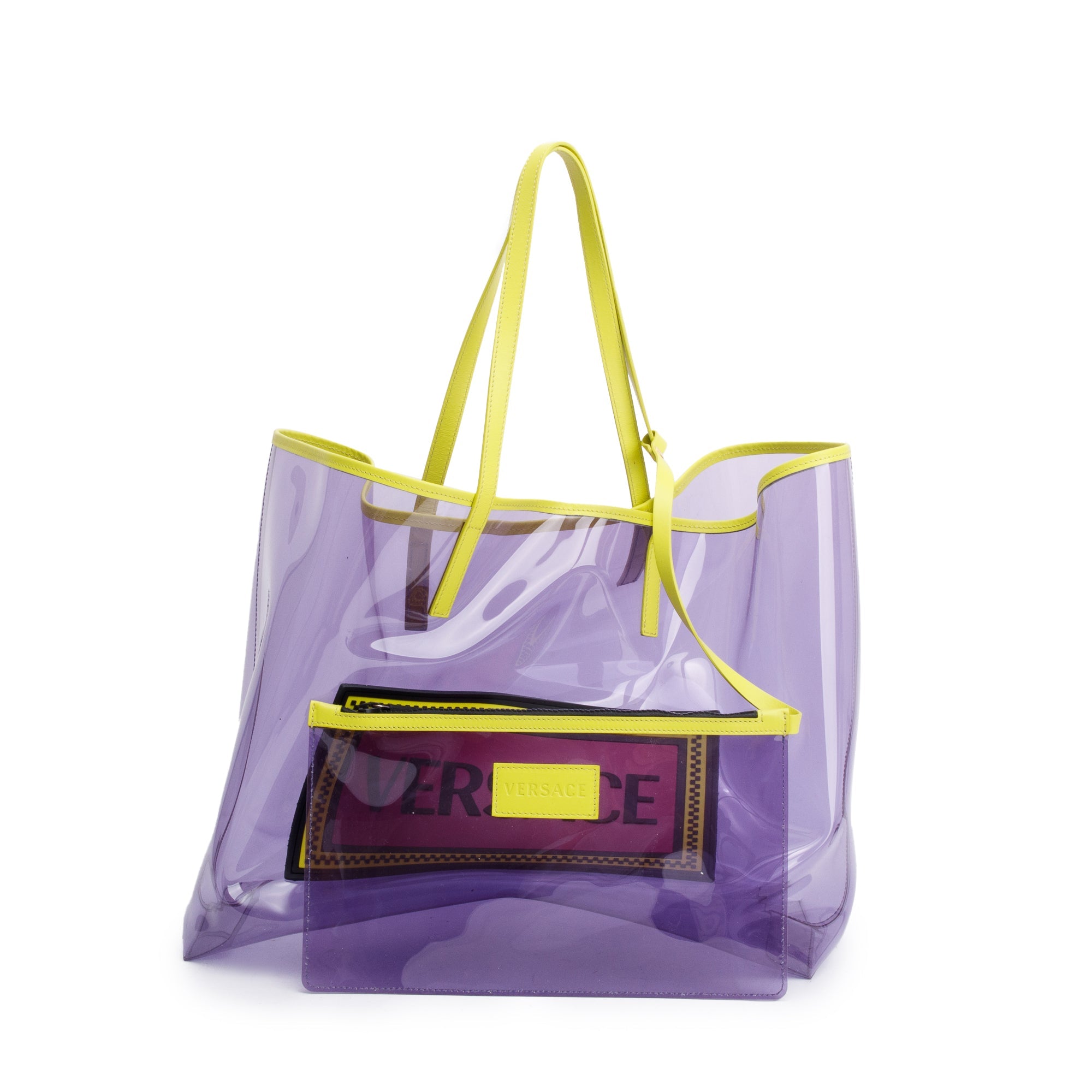 Versace Purple Vinyl Green Calfskin Logo Tote Bag w/ Pouch