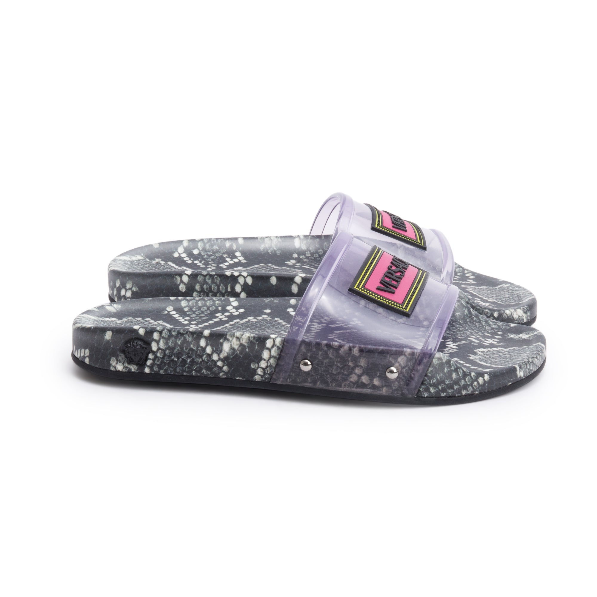 Versace Python Print Purple Transparent Rubber Slides, Size 37.5 w/ Box