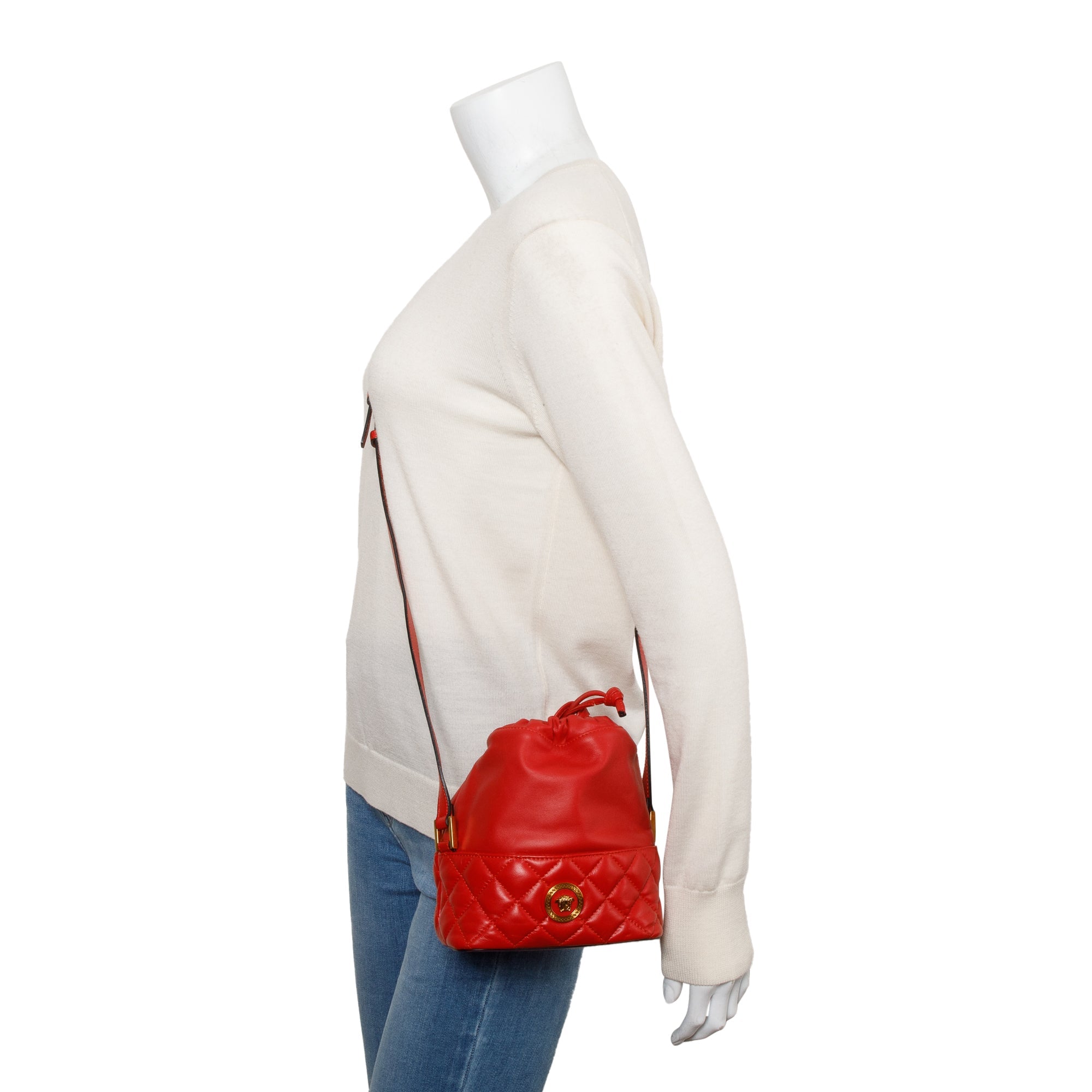 Versace Red Quilted Nappa Leather Small Medusa Drawstring Bucket Bag