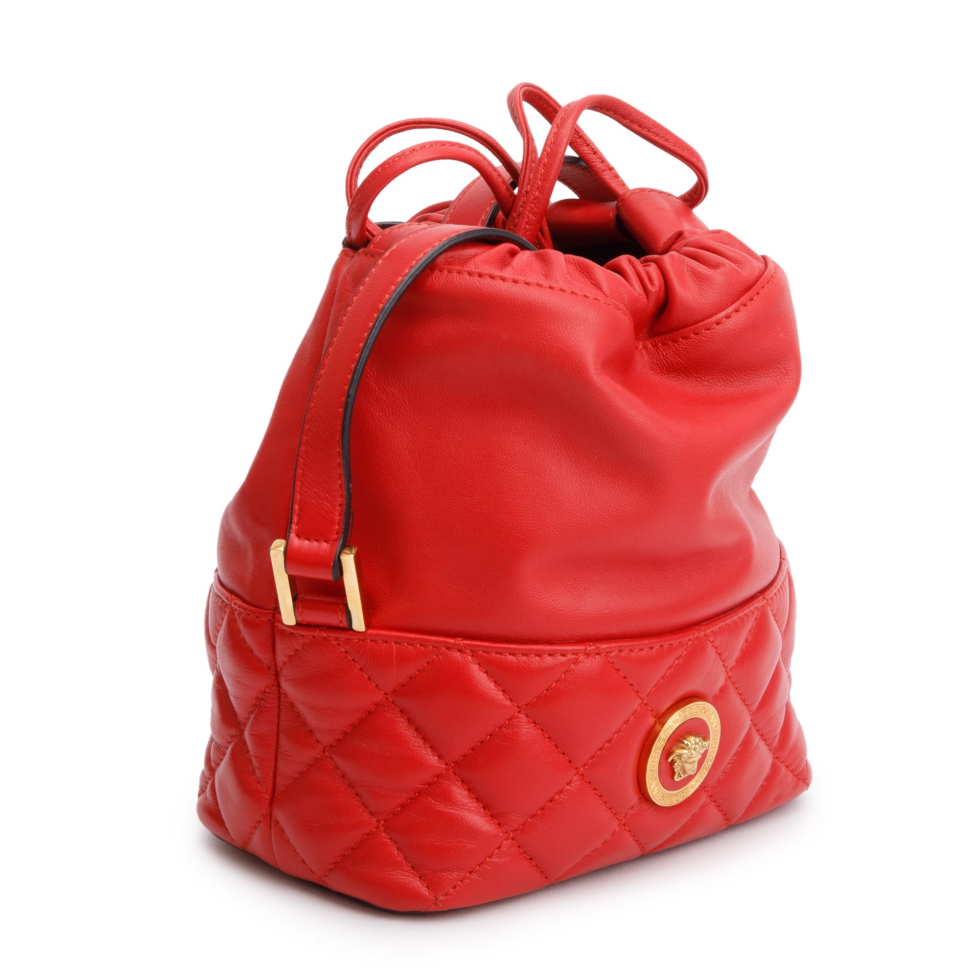 Versace Red Quilted Nappa Leather Small Medusa Drawstring Bucket Bag