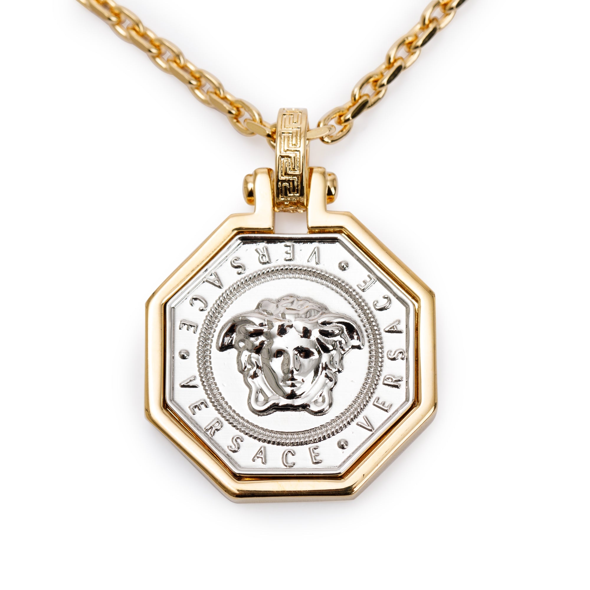 Versace Silver & Gold Plated Octagon Medusa Pendant Necklace