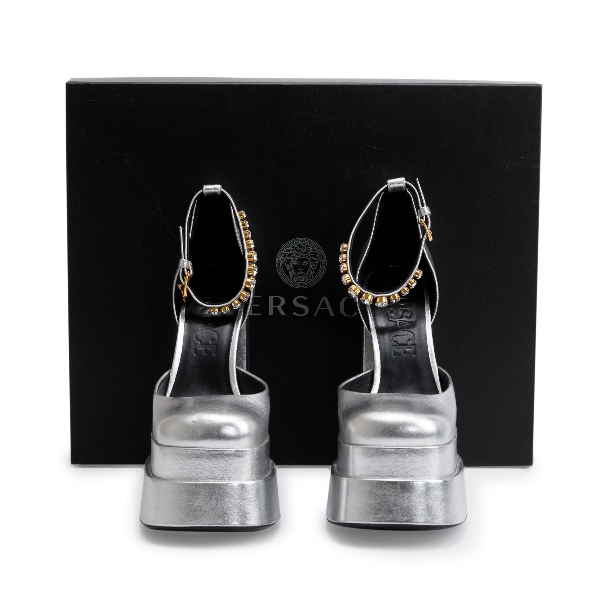 Versace Silver Metallic Leather Medusa Aevitas Platform Pumps, Size 39 w/ Box