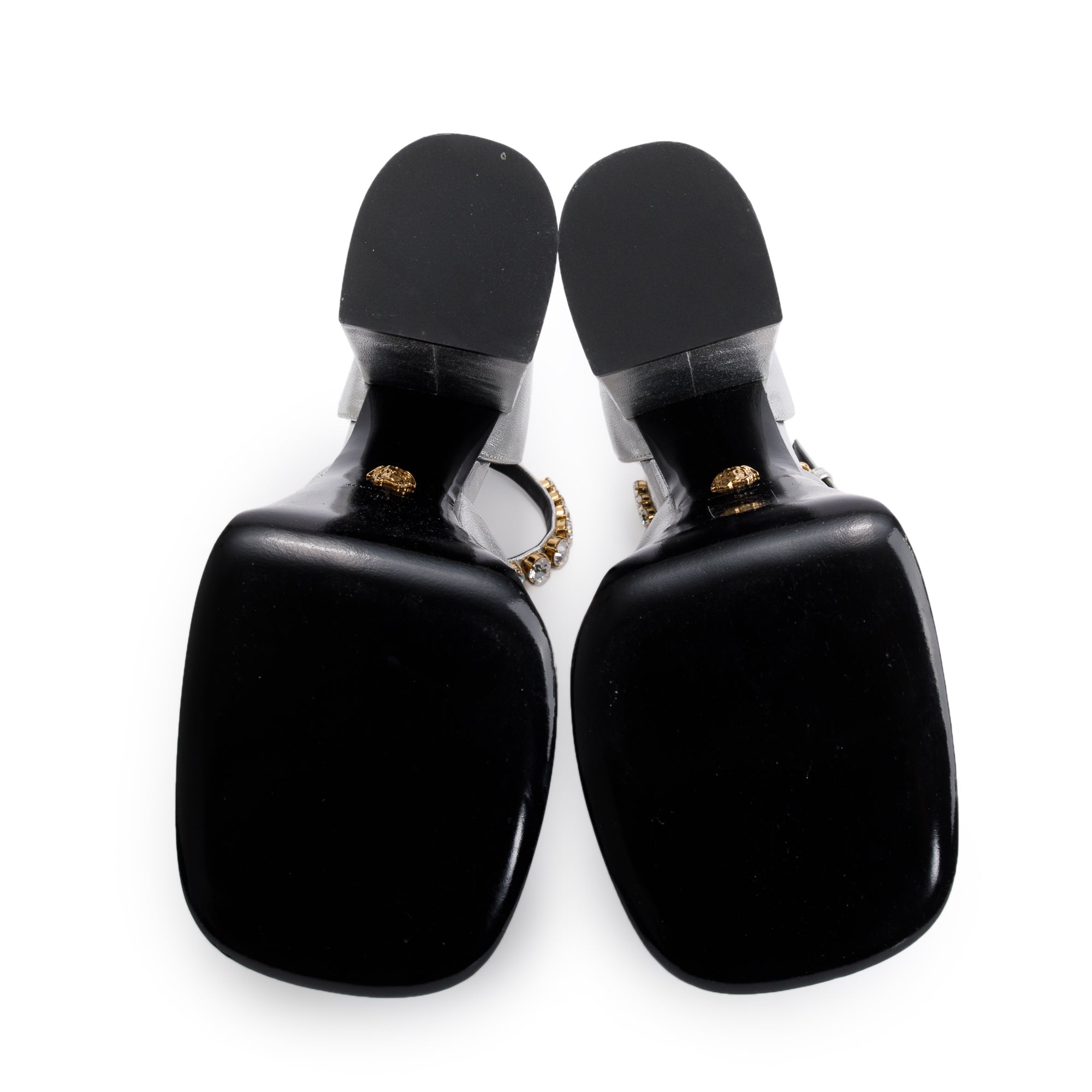 Versace Silver Metallic Leather Medusa Aevitas Platform Pumps, Size 39 w/ Box