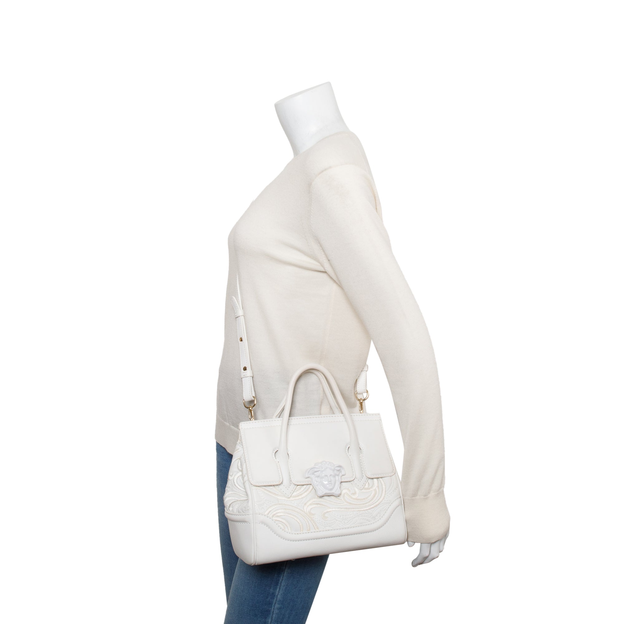 Versace White Embroidered Calfskin Leather Medium Palazzo Empire Tote Bag w/ Strap