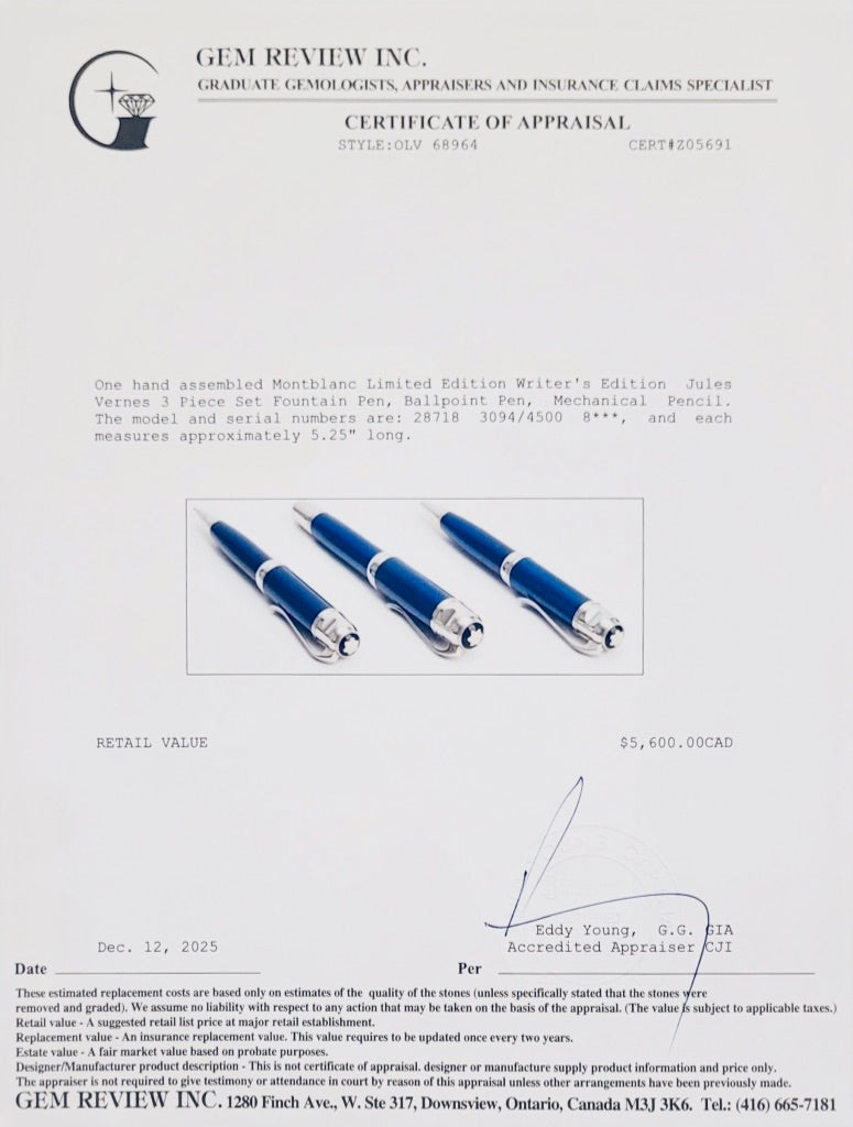 Montblanc Limited Edition Writer's Edition Jules Vernes 3 Piece Set Fountain Pen, Ballpoint Pen, Mechanical Pencil w/ Box & Papers