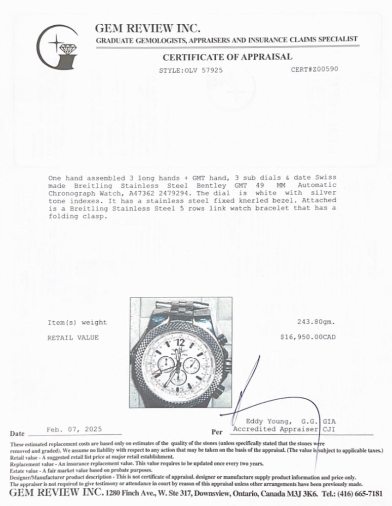 Breitling Stainless Steel Bentley GMT 49 MM Automatic Chronograph White Dial Watch A47362 w/ Box & Papers