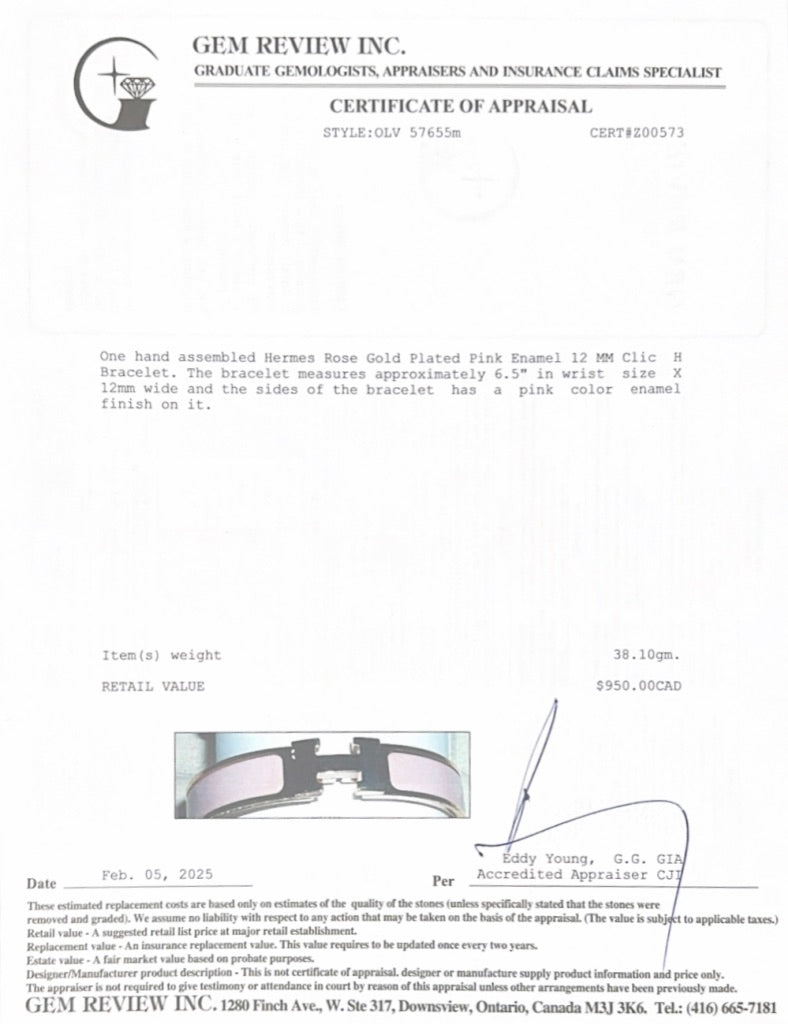 Hermes Rose Gold Plated Pink Enamel 12 MM Clic H Bracelet w/ Box