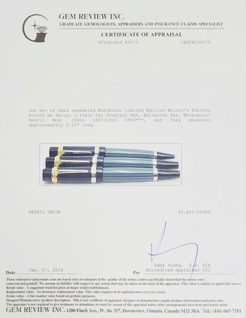 Montblanc Limited Edition Writer's Edition Honore de Balzac 3 Piece Set Fountain Pen, Ballpoint Pen, Mechanical Pencil w/ Box & Papers